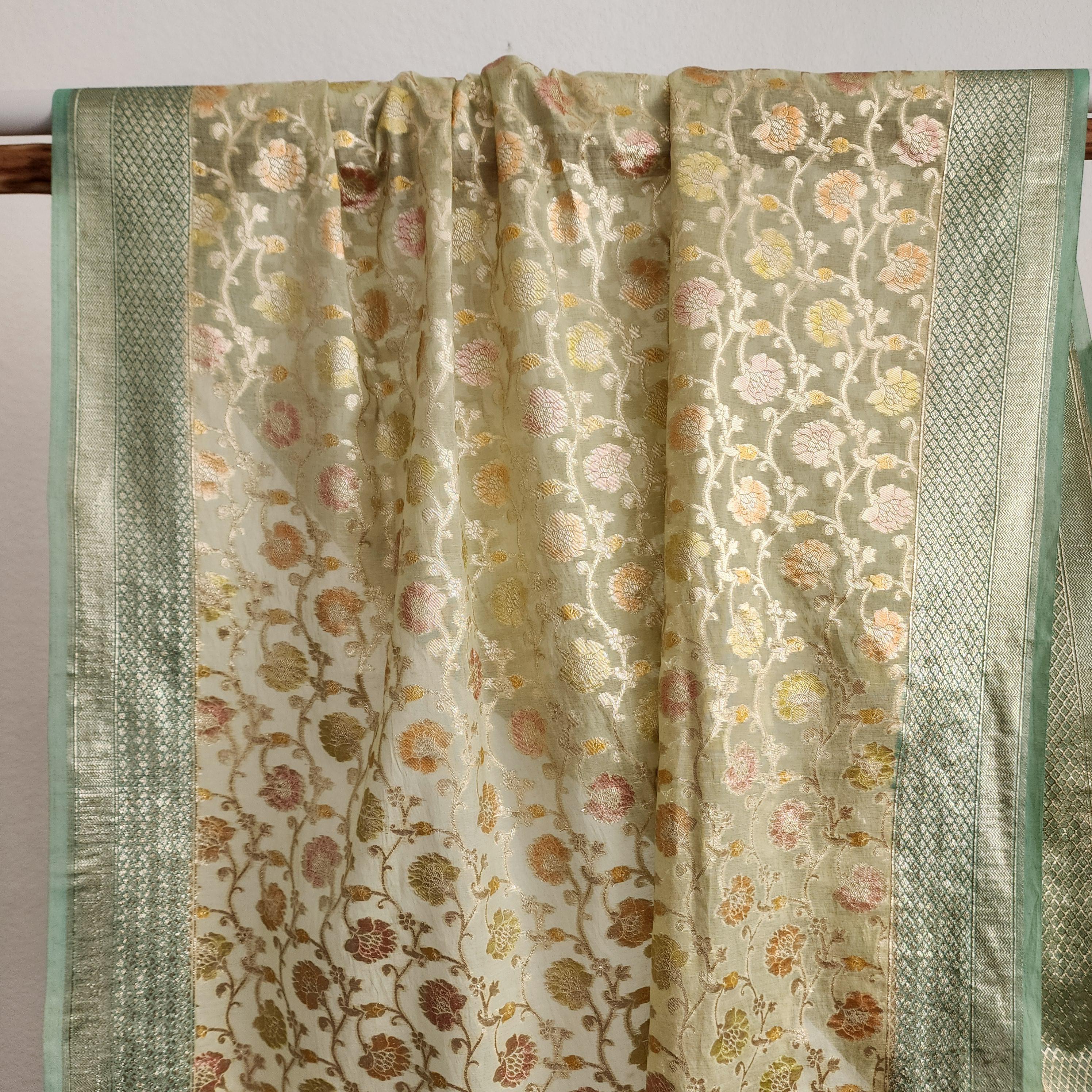 Banarasi Linen Silk Light Green dupatta, Handpainted Multicolor meenakari work