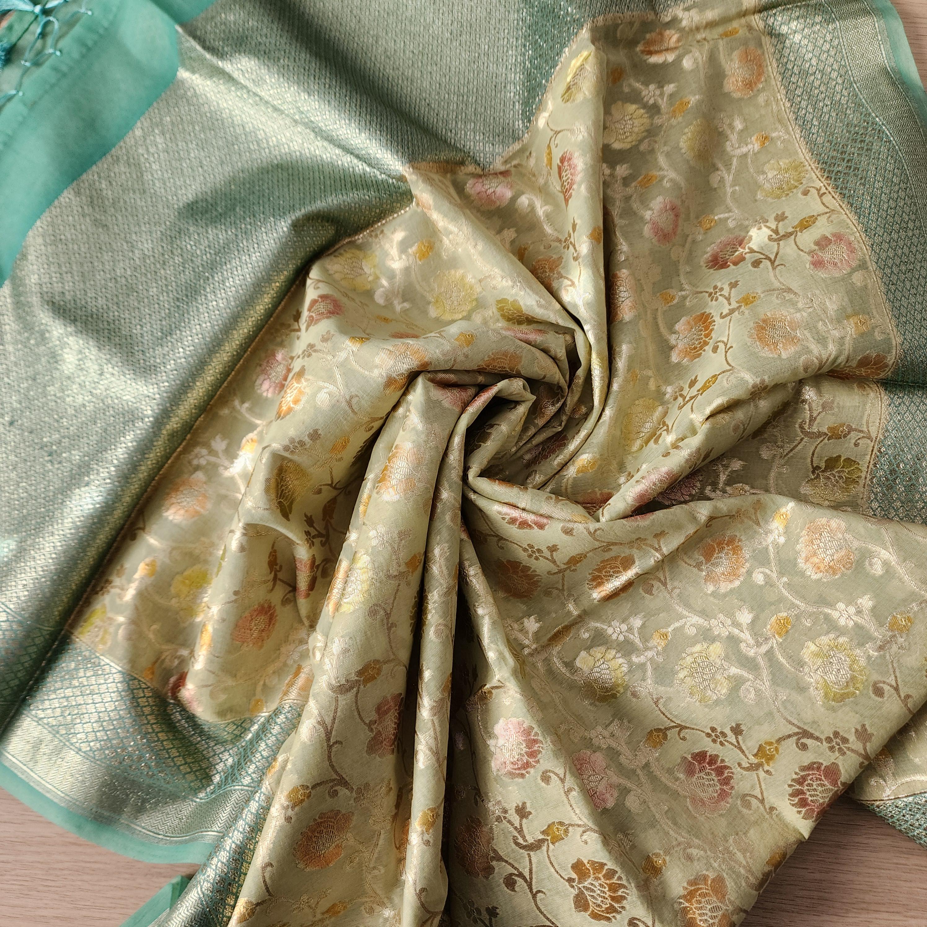 Banarasi Linen Silk Light Green dupatta, Handpainted Multicolor meenakari work