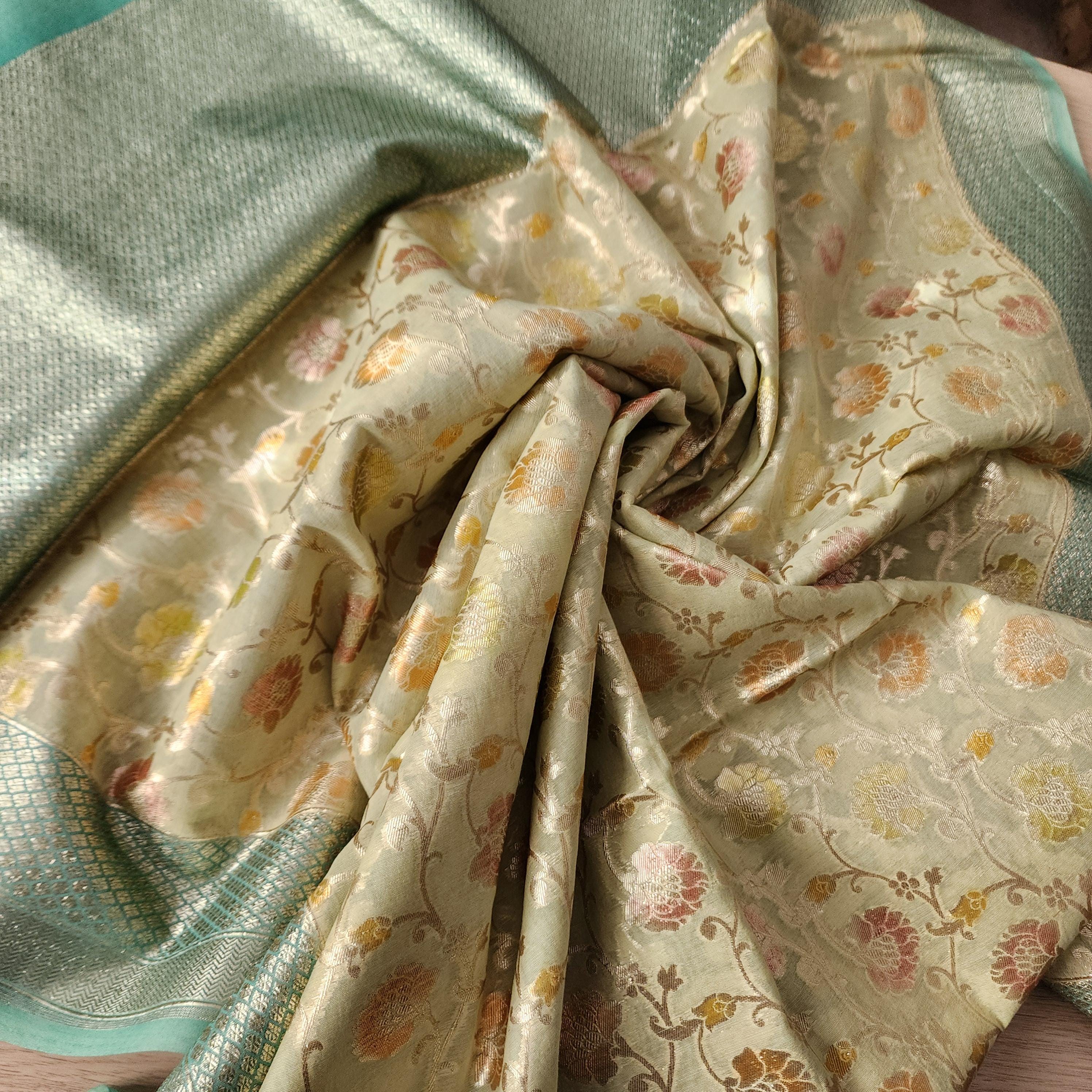 Banarasi Linen Silk Light Green dupatta, Handpainted Multicolor meenakari work