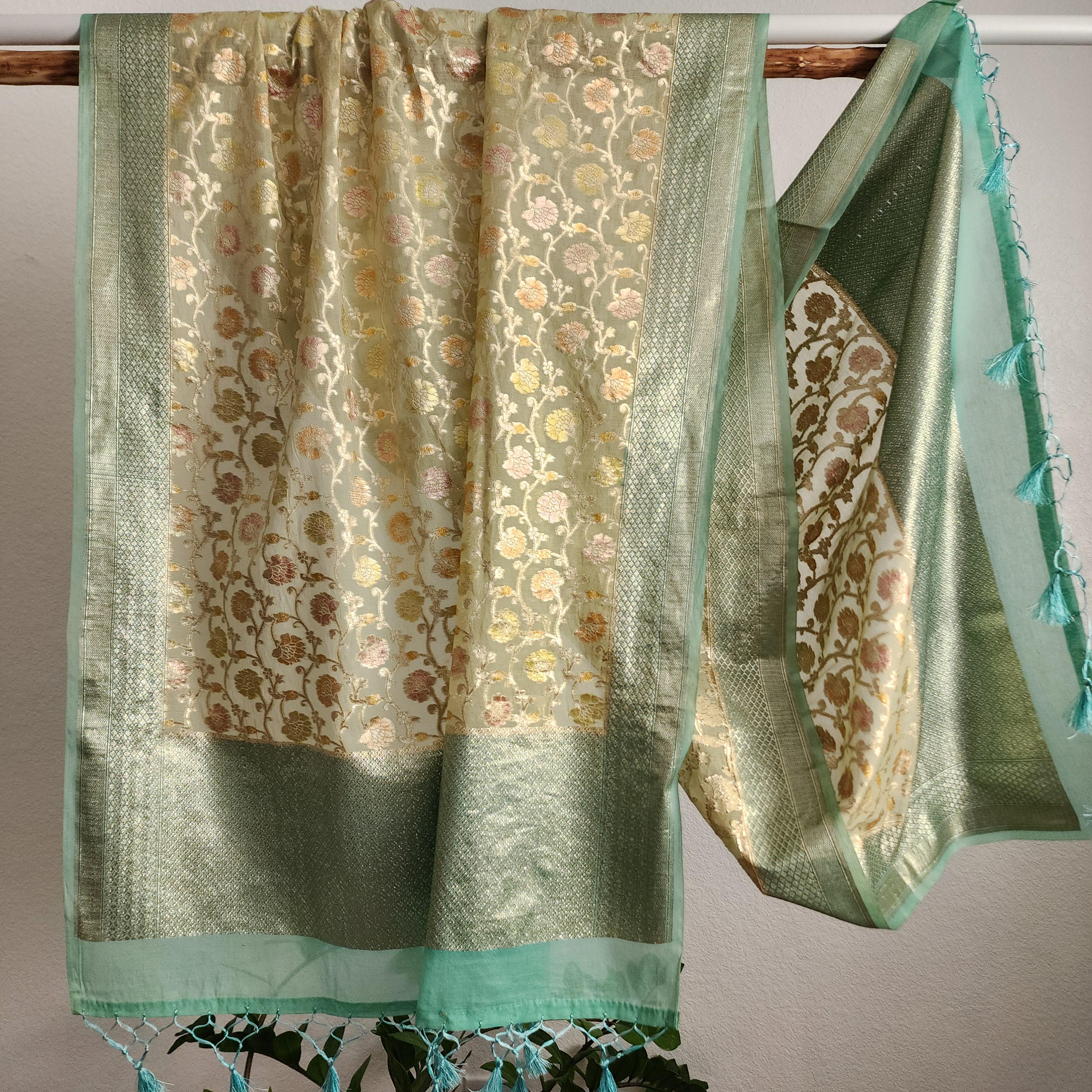 Banarasi Linen Silk Light Green dupatta, Handpainted Multicolor meenakari work