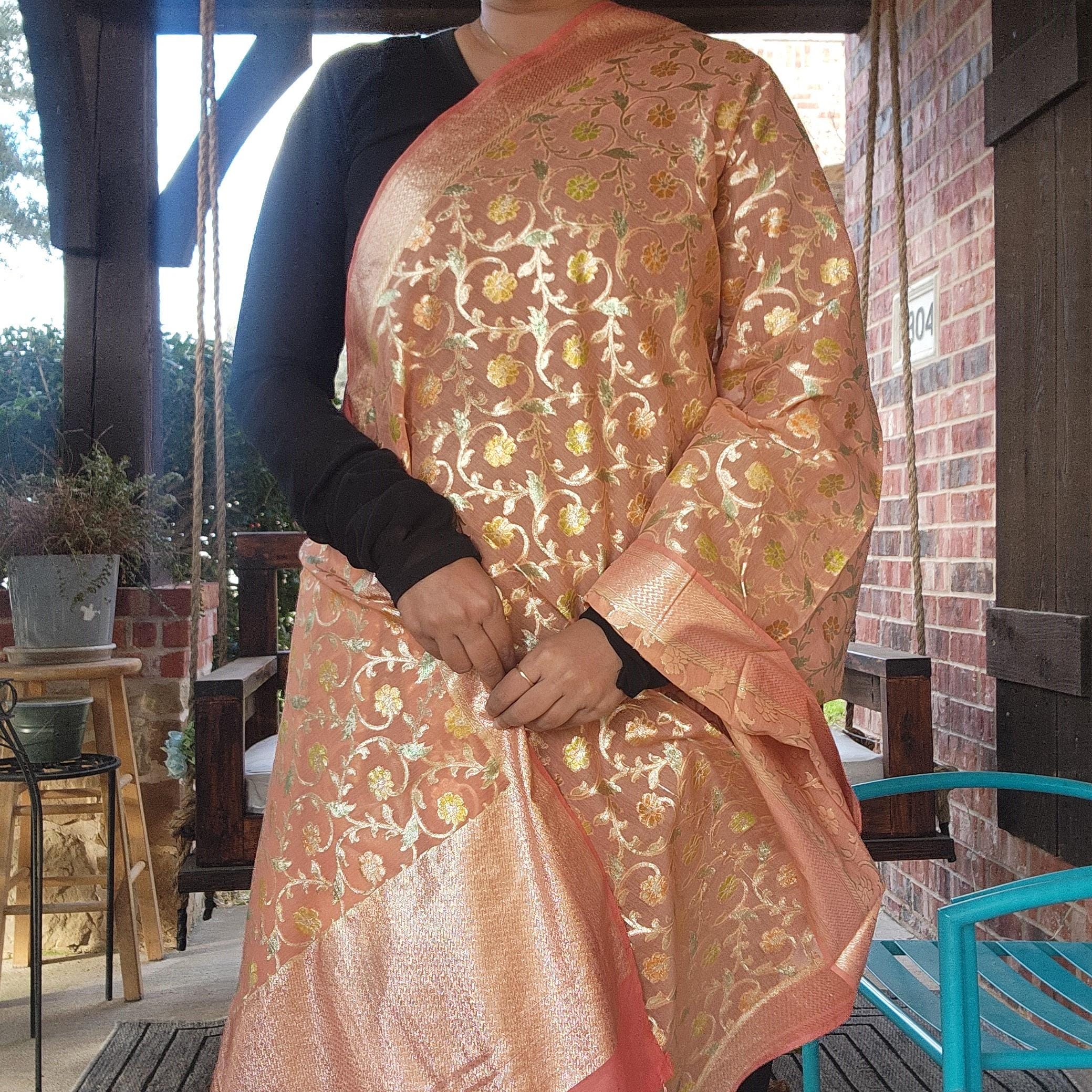 Banarasi Linen Silk Peach Pink dupatta, Handpainted Multicolor meenakari work