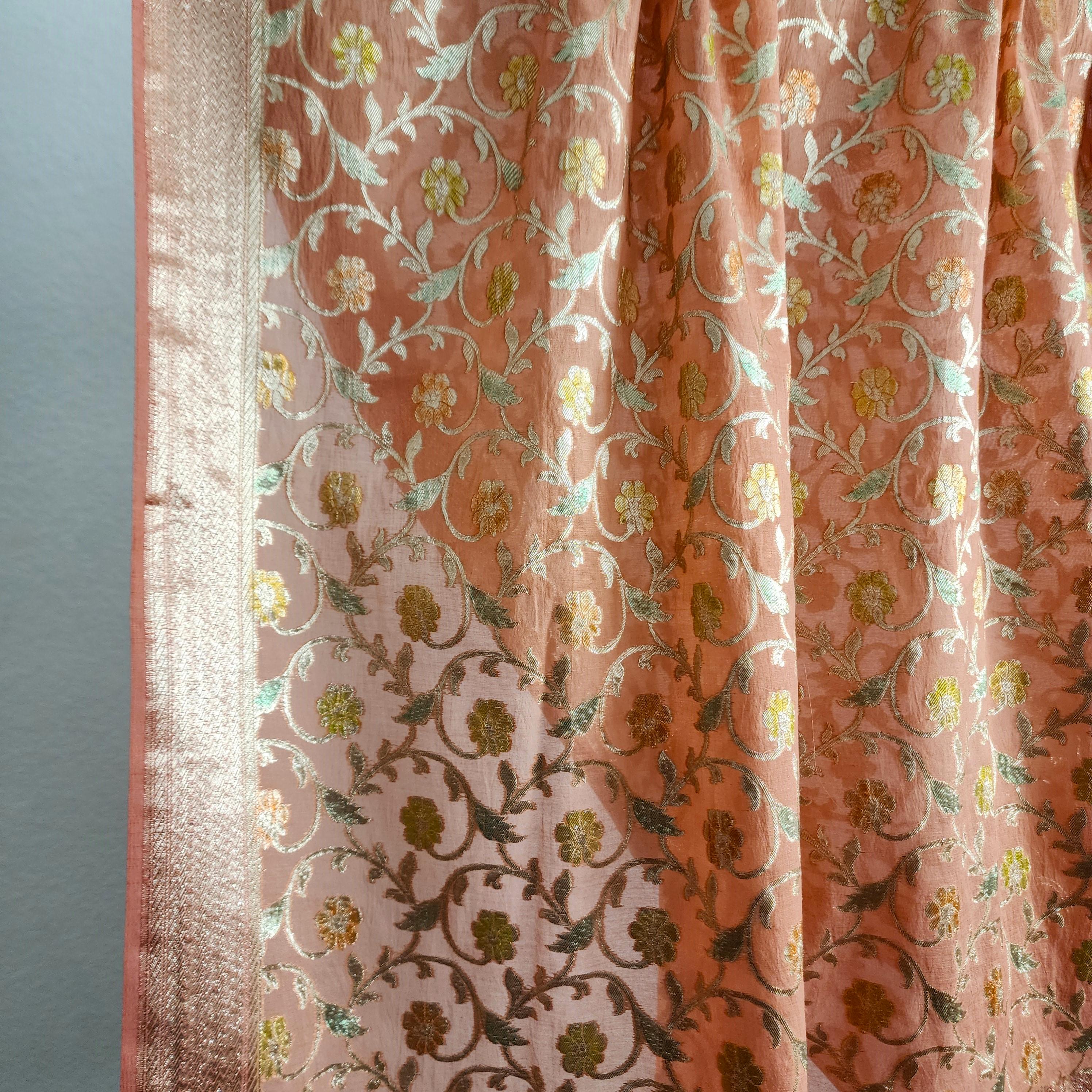 Banarasi Linen Silk Peach Pink dupatta, Handpainted Multicolor meenakari work