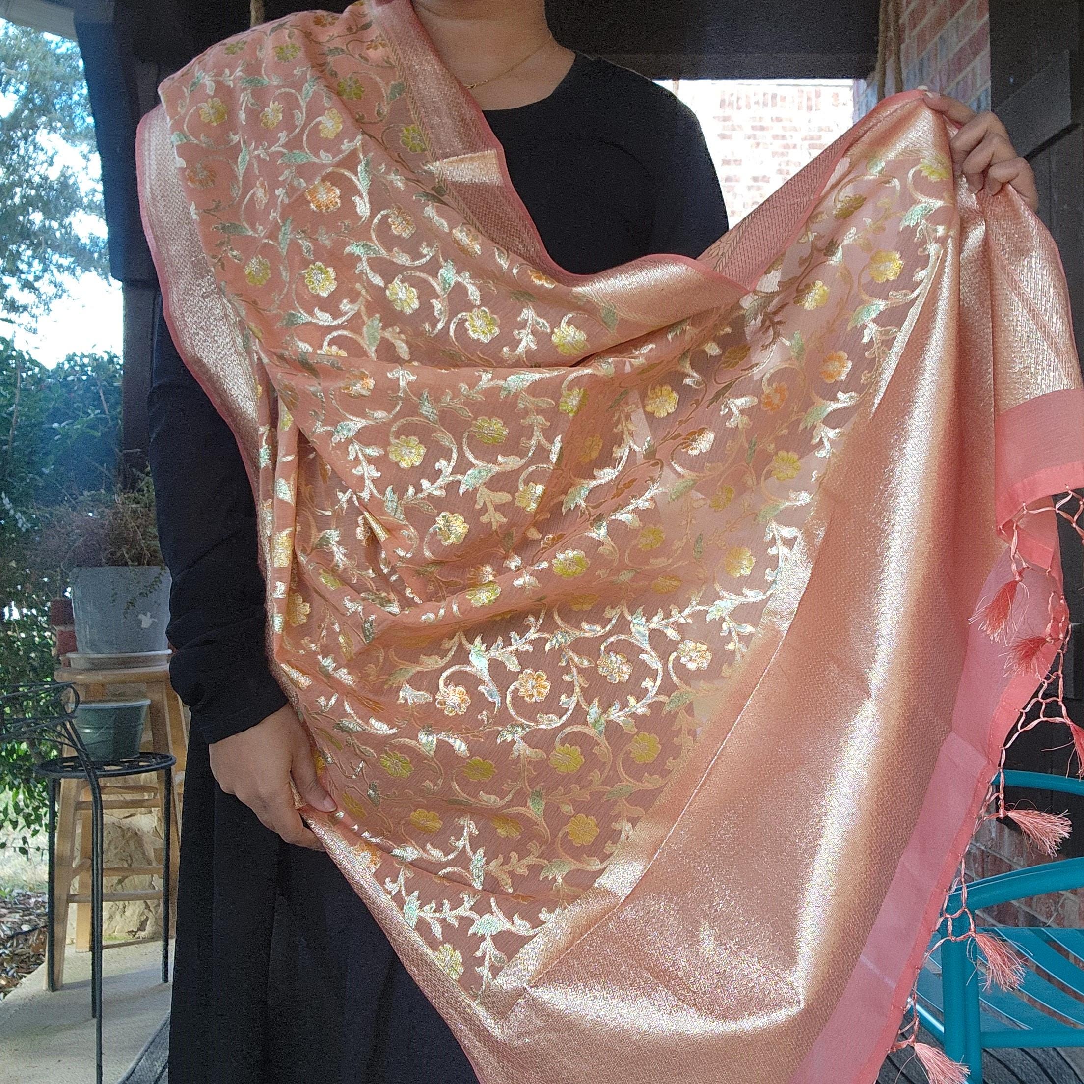 Banarasi Linen Silk Peach Pink dupatta, Handpainted Multicolor meenakari work