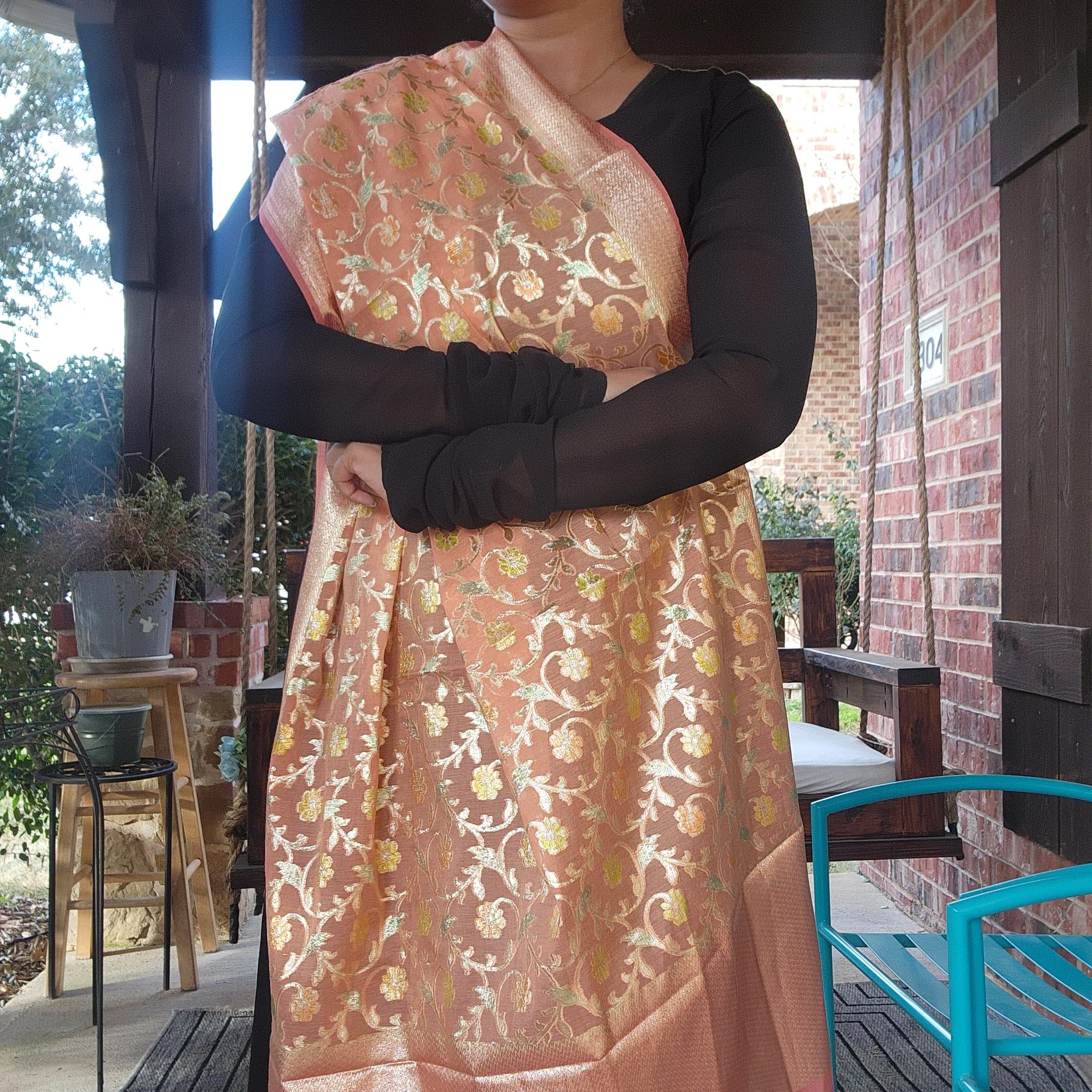 Banarasi Linen Silk Peach Pink dupatta, Handpainted Multicolor meenakari work