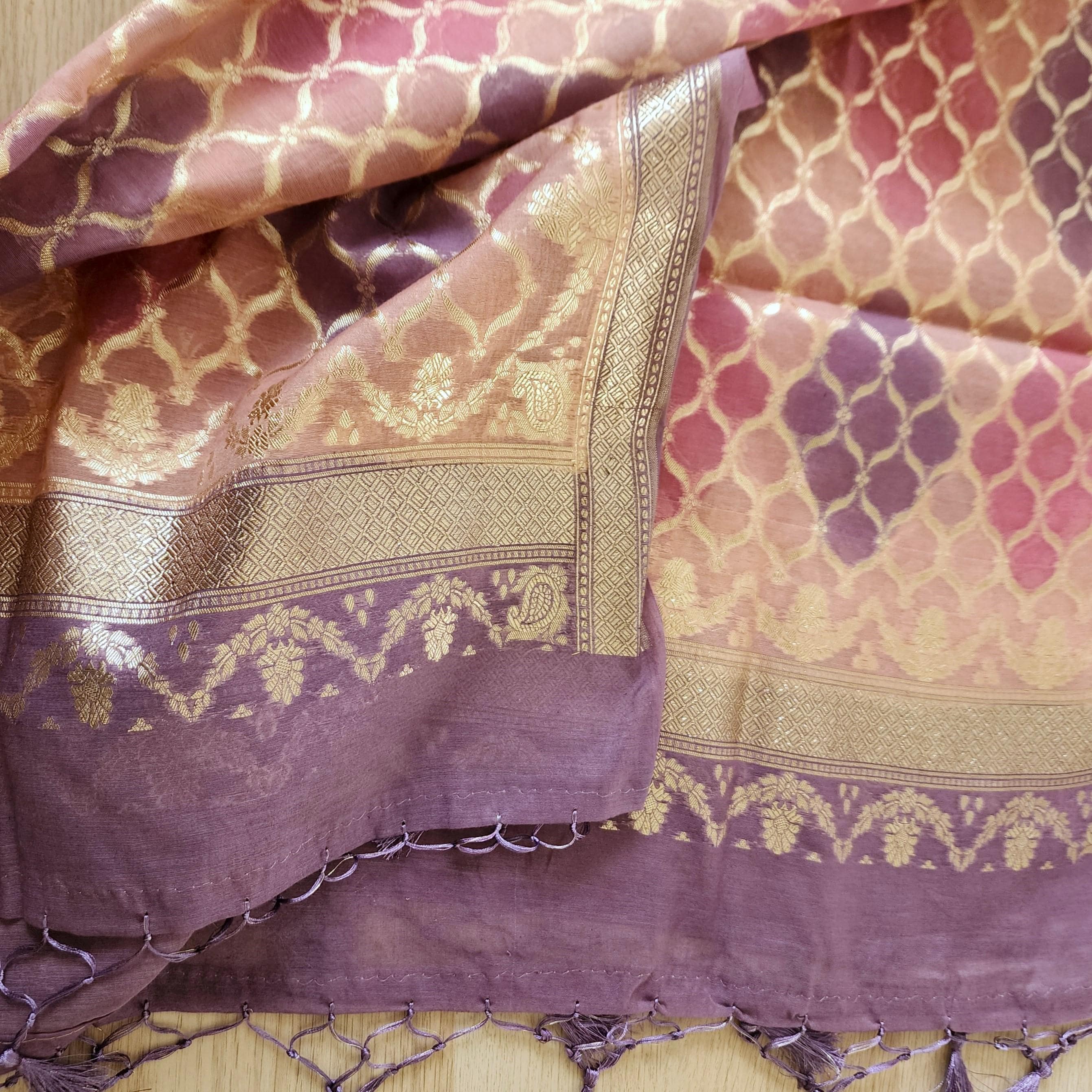 Banarasi Linen Silk Lavender & Pink dupatta, Handpainted Multicolor meenakari work