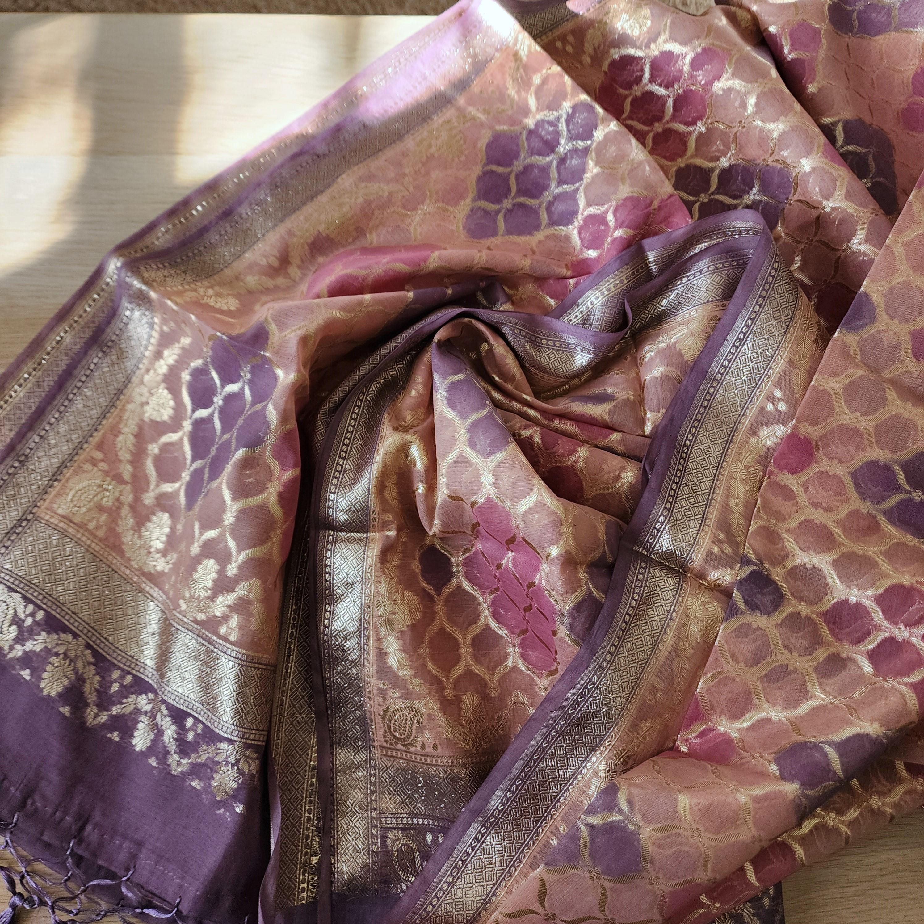 Banarasi Linen Silk Lavender & Pink dupatta, Handpainted Multicolor meenakari work
