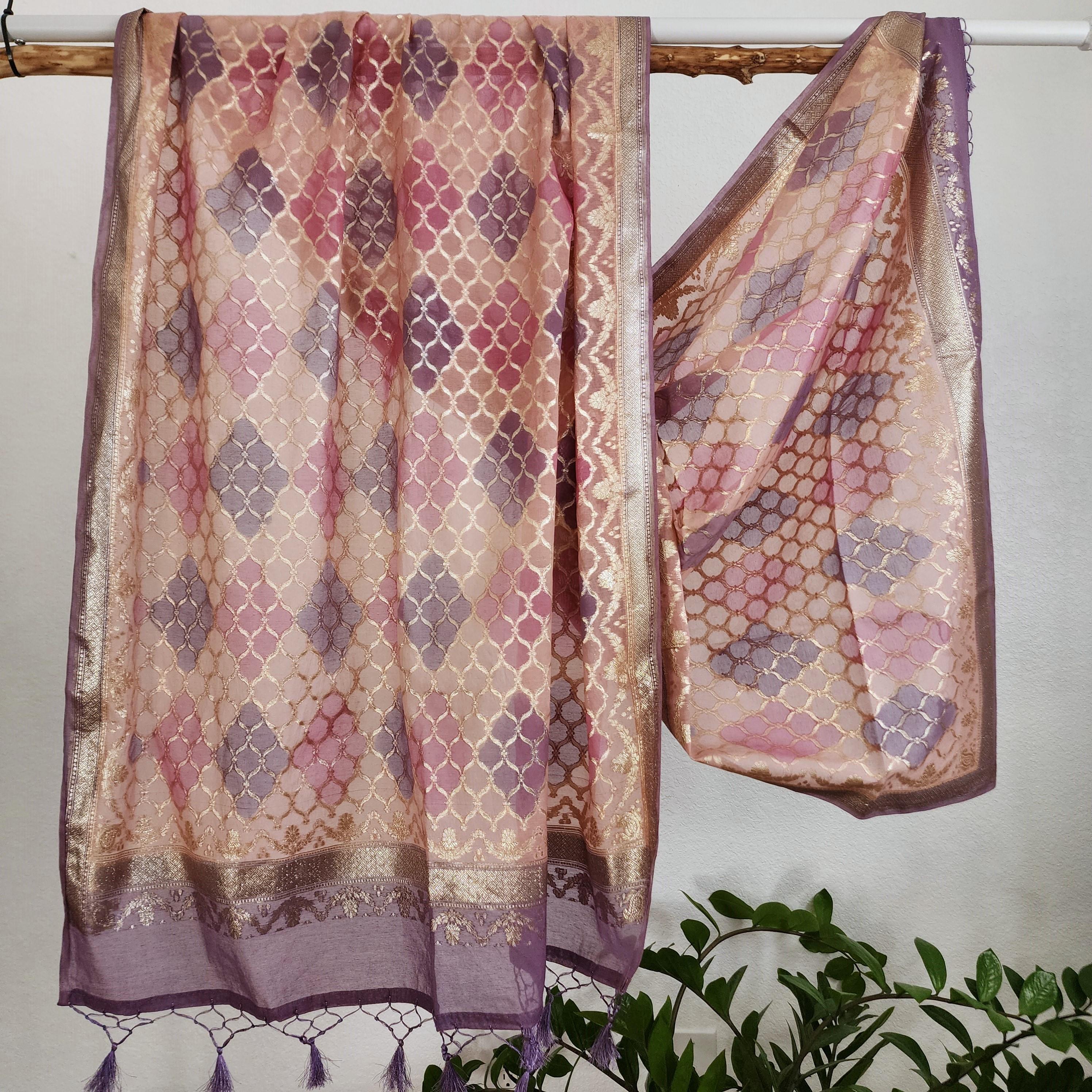 Banarasi Linen Silk Lavender & Pink dupatta, Handpainted Multicolor meenakari work