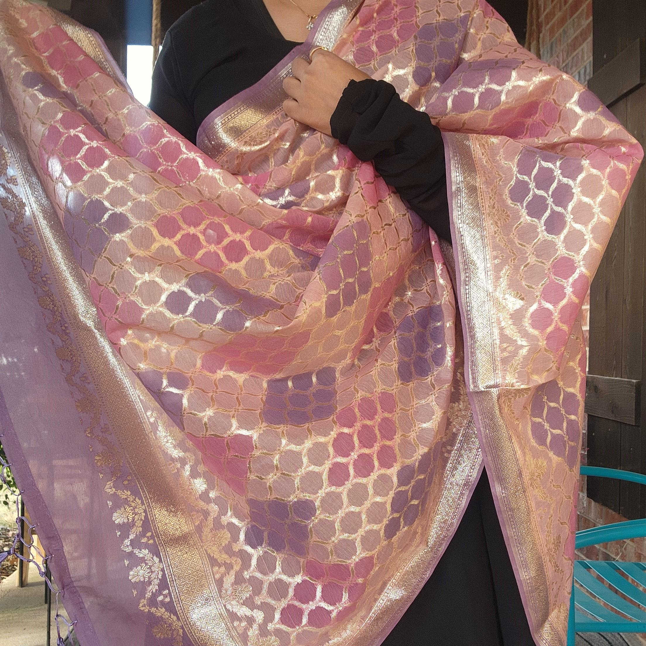 Banarasi Linen Silk Lavender & Pink dupatta, Handpainted Multicolor meenakari work