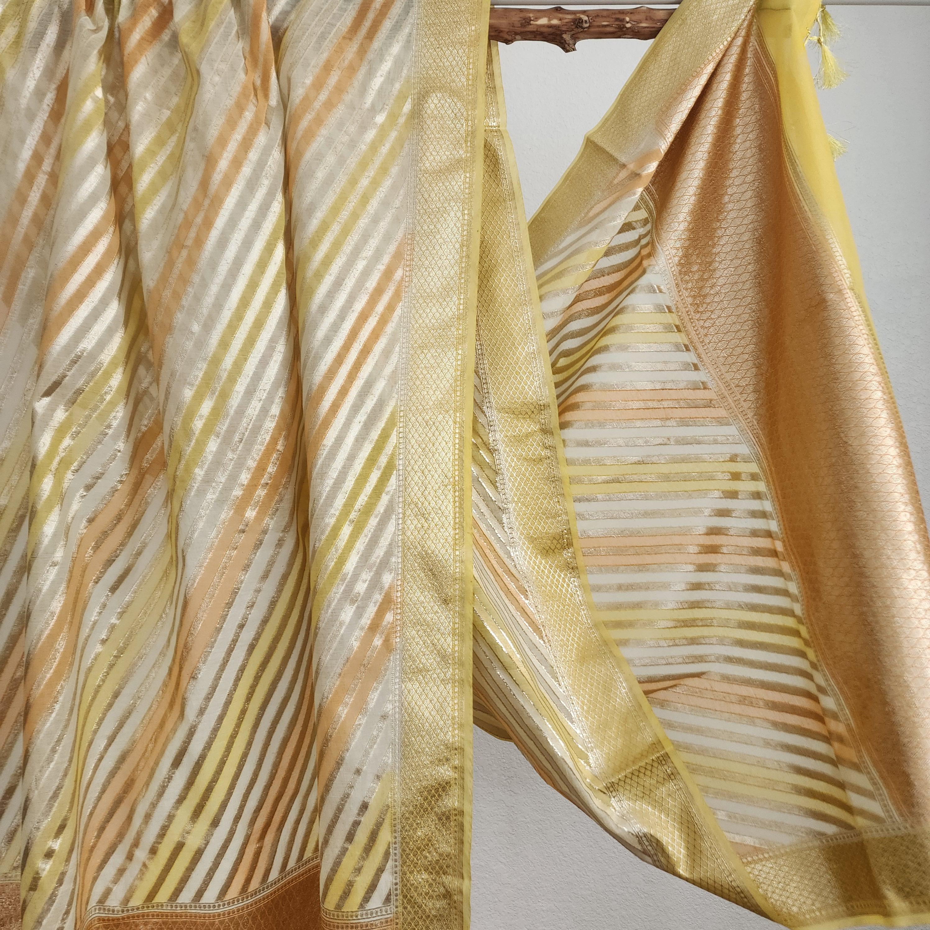 Banarasi Linen Silk Yellow & Orange dupatta, Handpainted Multicolor meenakari work