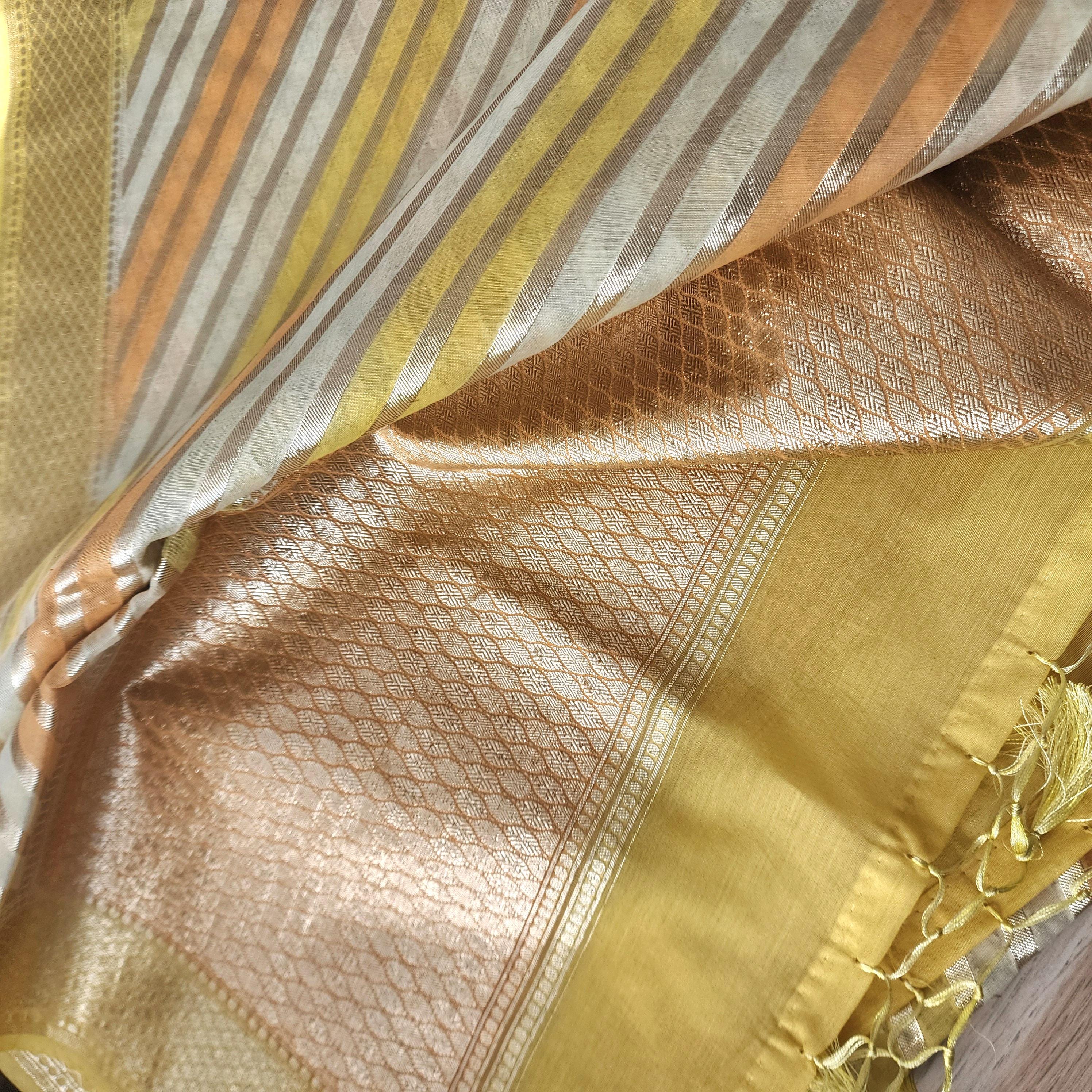 Banarasi Linen Silk Yellow & Orange dupatta, Handpainted Multicolor meenakari work