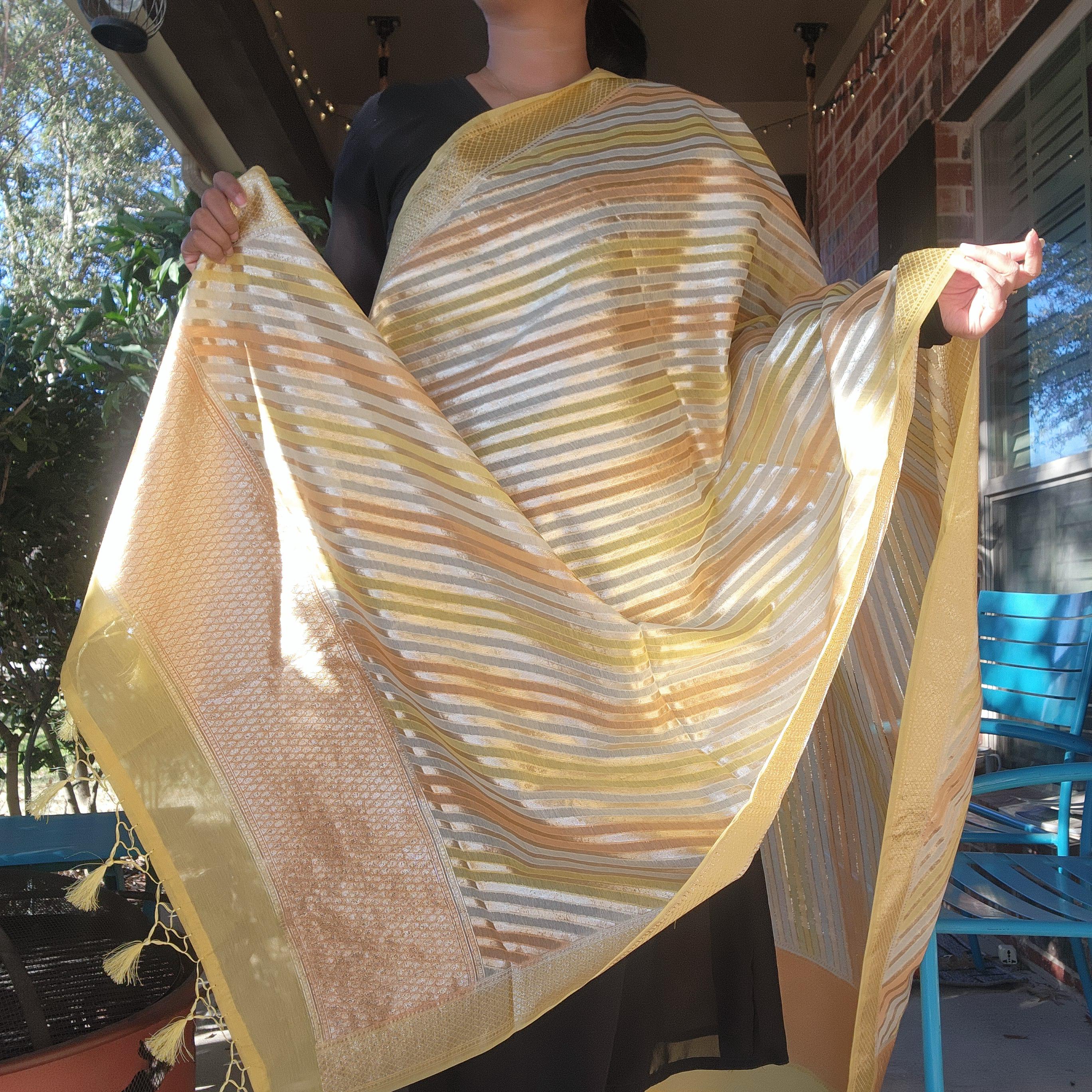 Banarasi Linen Silk Yellow & Orange dupatta, Handpainted Multicolor meenakari work