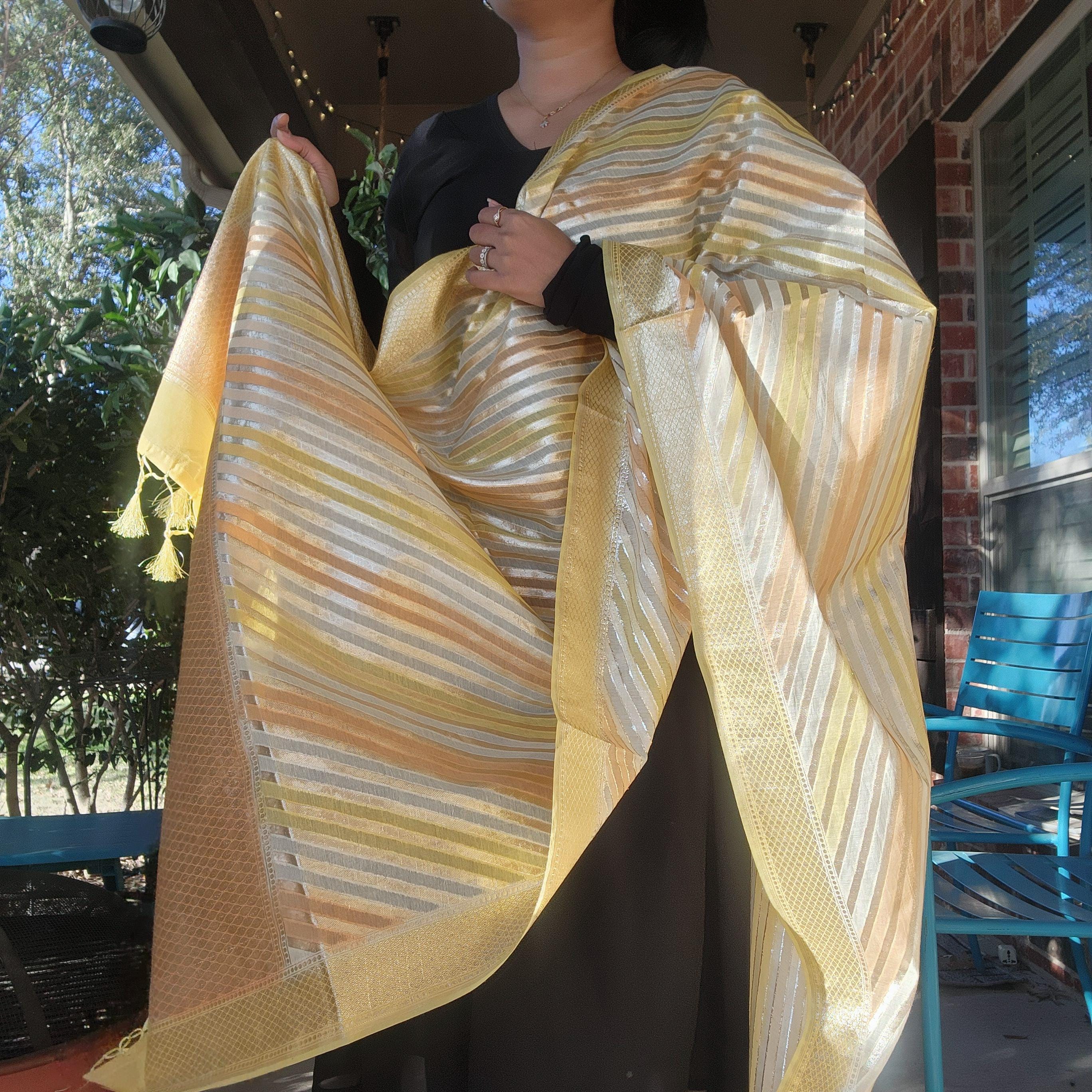 Banarasi Linen Silk Yellow & Orange dupatta, Handpainted Multicolor meenakari work