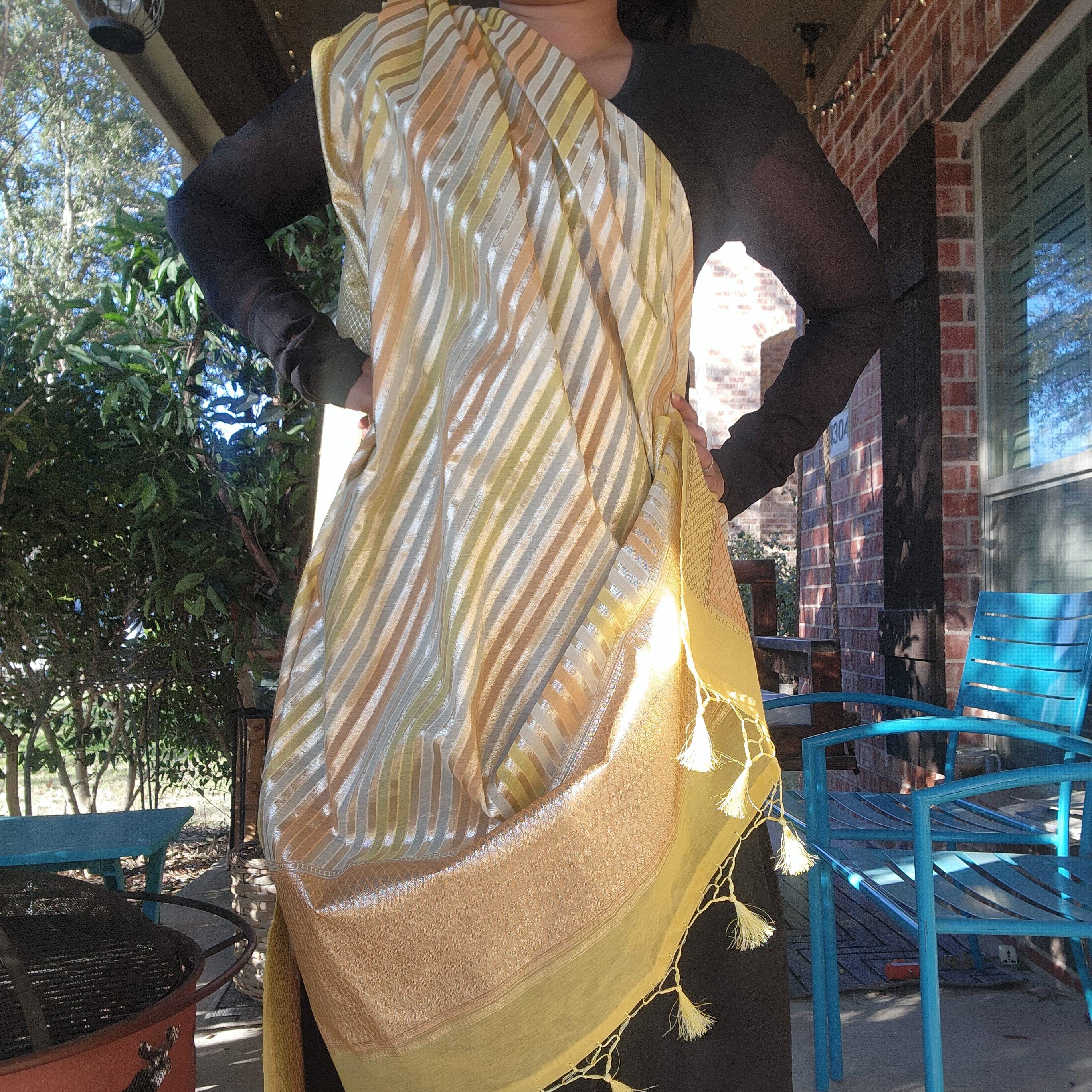Banarasi Linen Silk Yellow & Orange dupatta, Handpainted Multicolor meenakari work