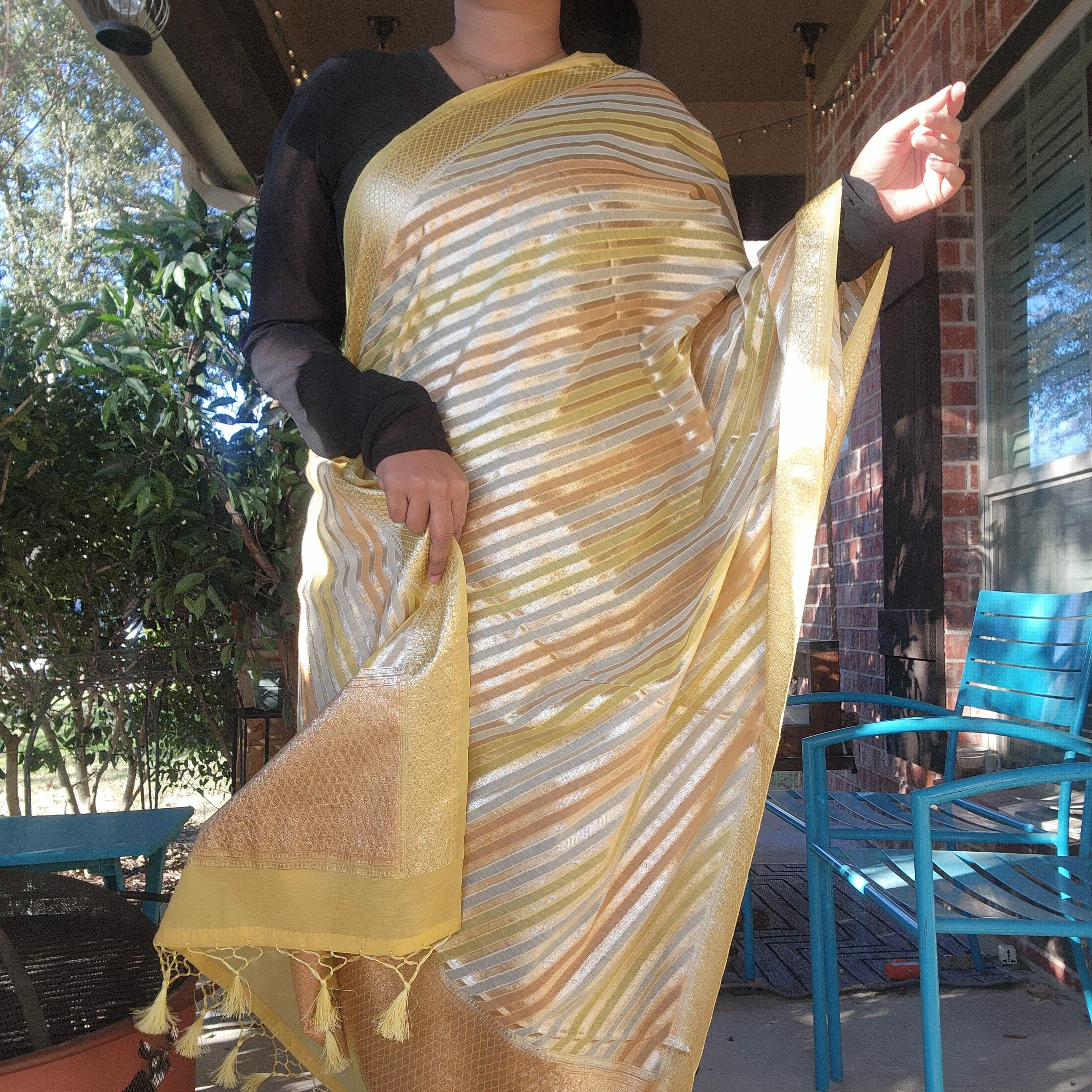 Banarasi Linen Silk Yellow & Orange dupatta, Handpainted Multicolor meenakari work