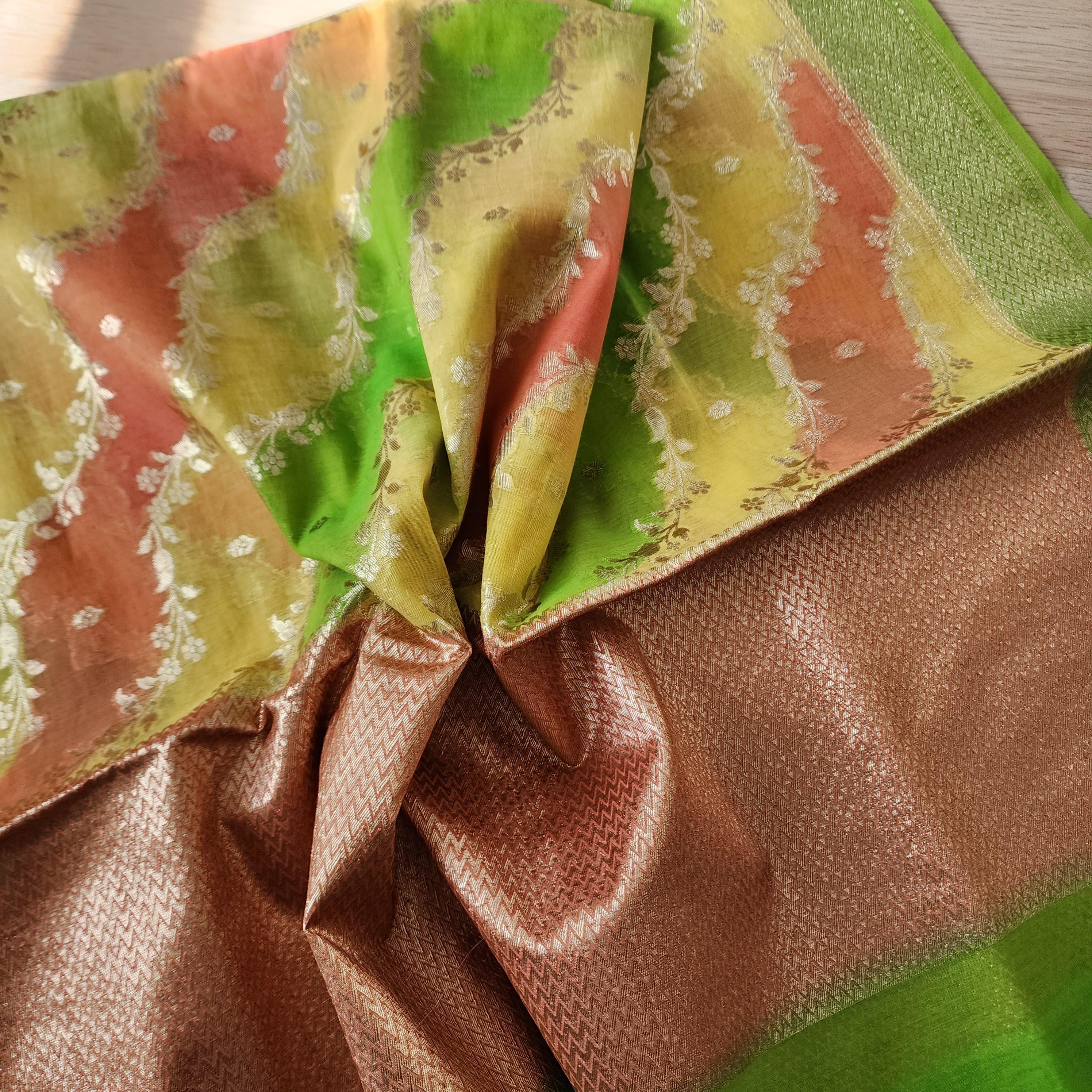 Banarasi Linen Silk Green dupatta, Handpainted Multicolor meenakari work