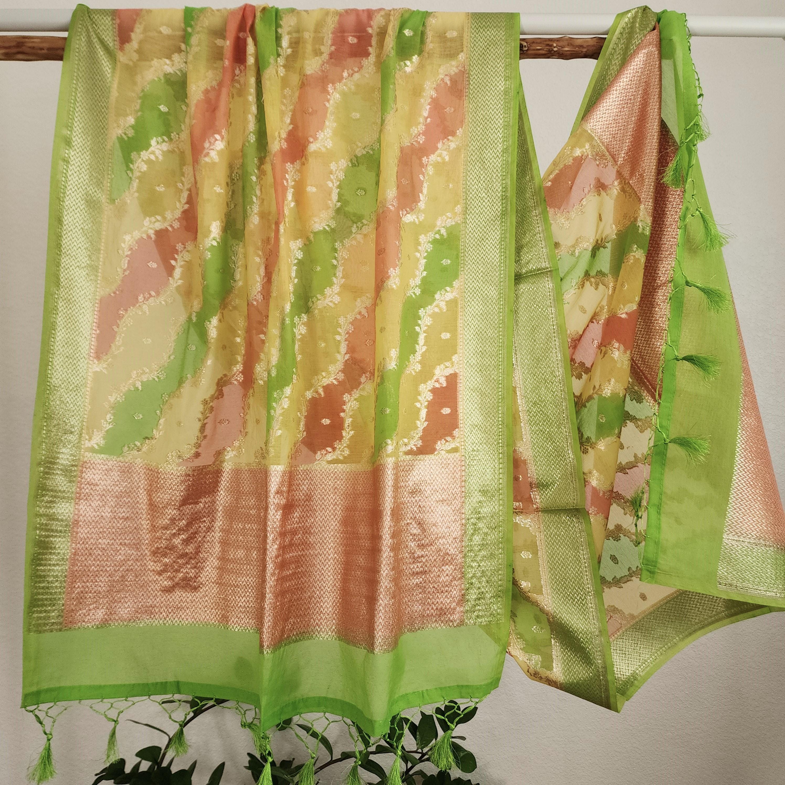 Banarasi Linen Silk Green dupatta, Handpainted Multicolor meenakari work