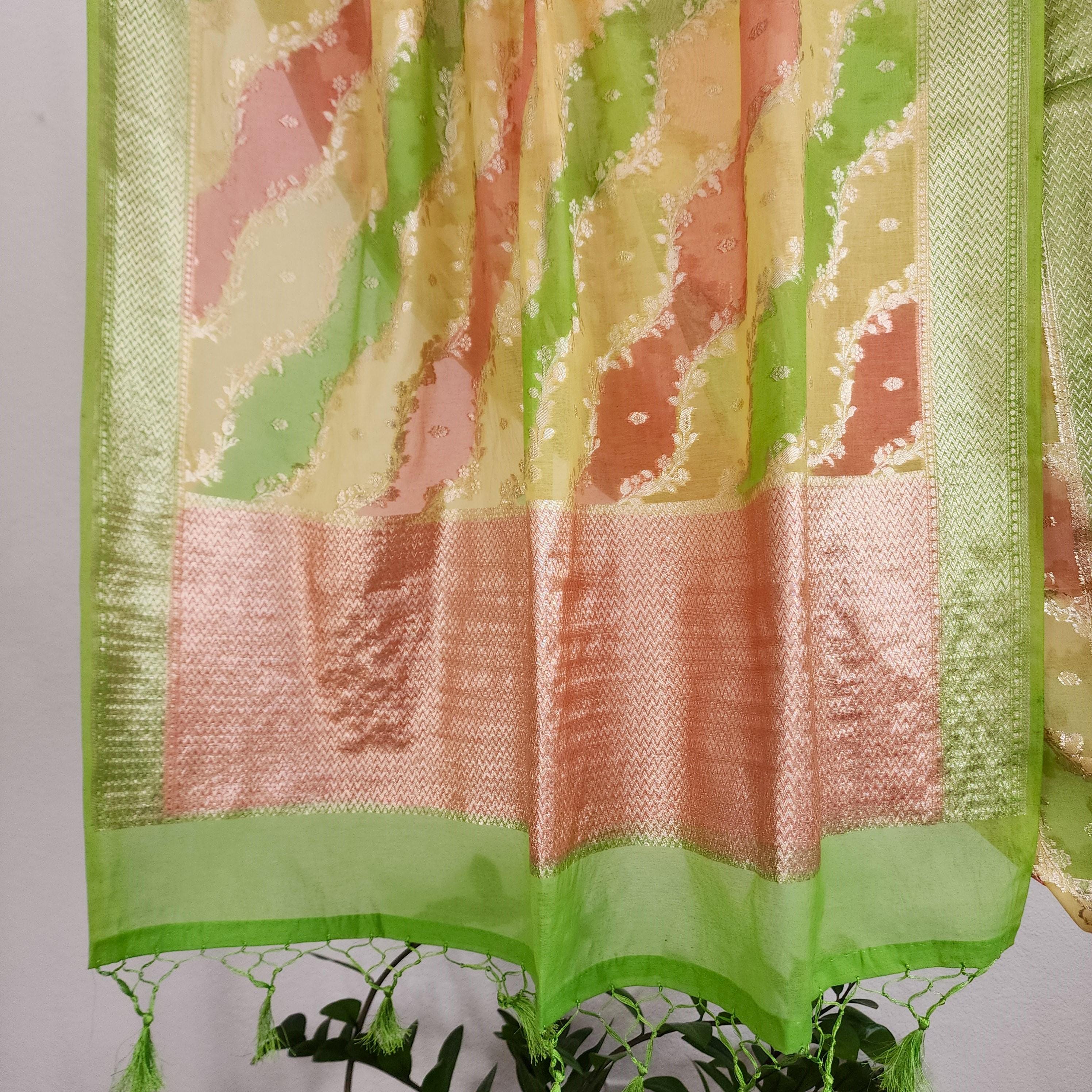 Banarasi Linen Silk Green dupatta, Handpainted Multicolor meenakari work