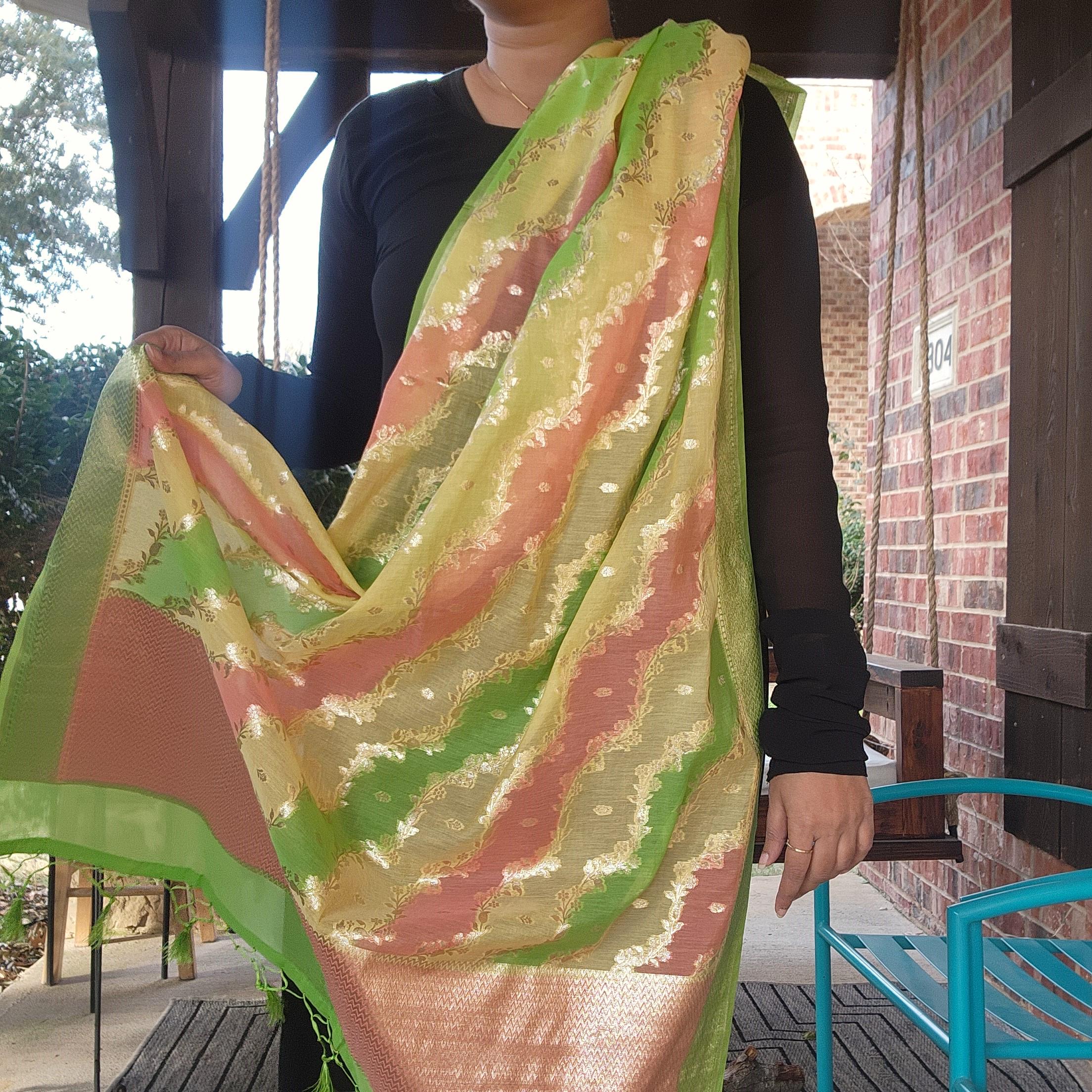 Banarasi Linen Silk Green dupatta, Handpainted Multicolor meenakari work
