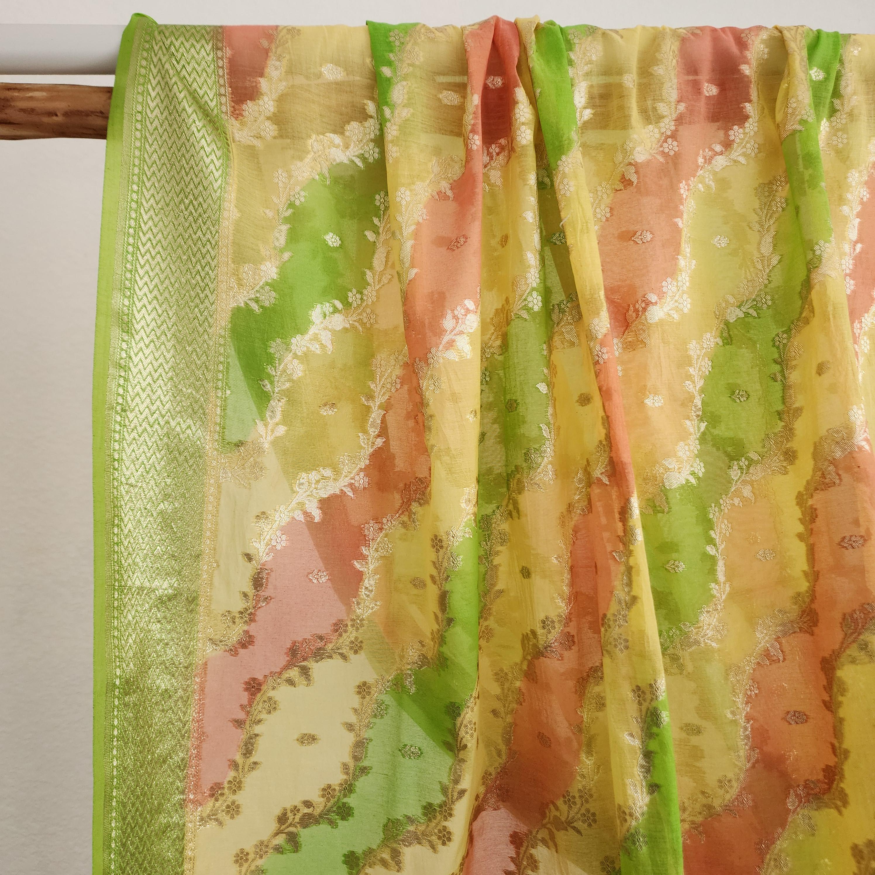 Banarasi Linen Silk Green dupatta, Handpainted Multicolor meenakari work