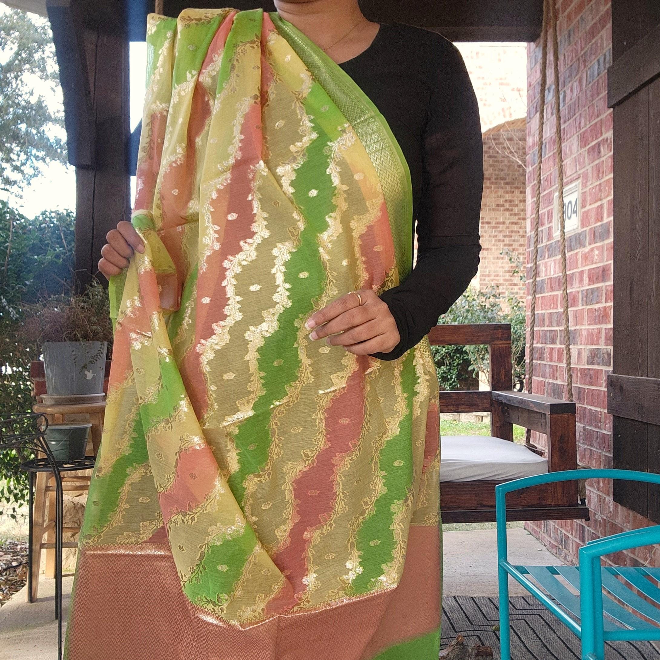 Banarasi Linen Silk Green dupatta, Handpainted Multicolor meenakari work