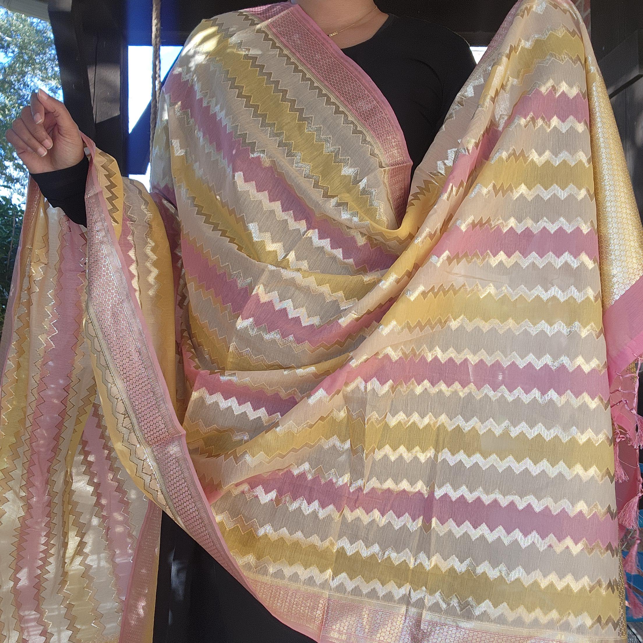 Banarasi Linen Silk Pink dupatta, Handpainted Multicolor meenakari work