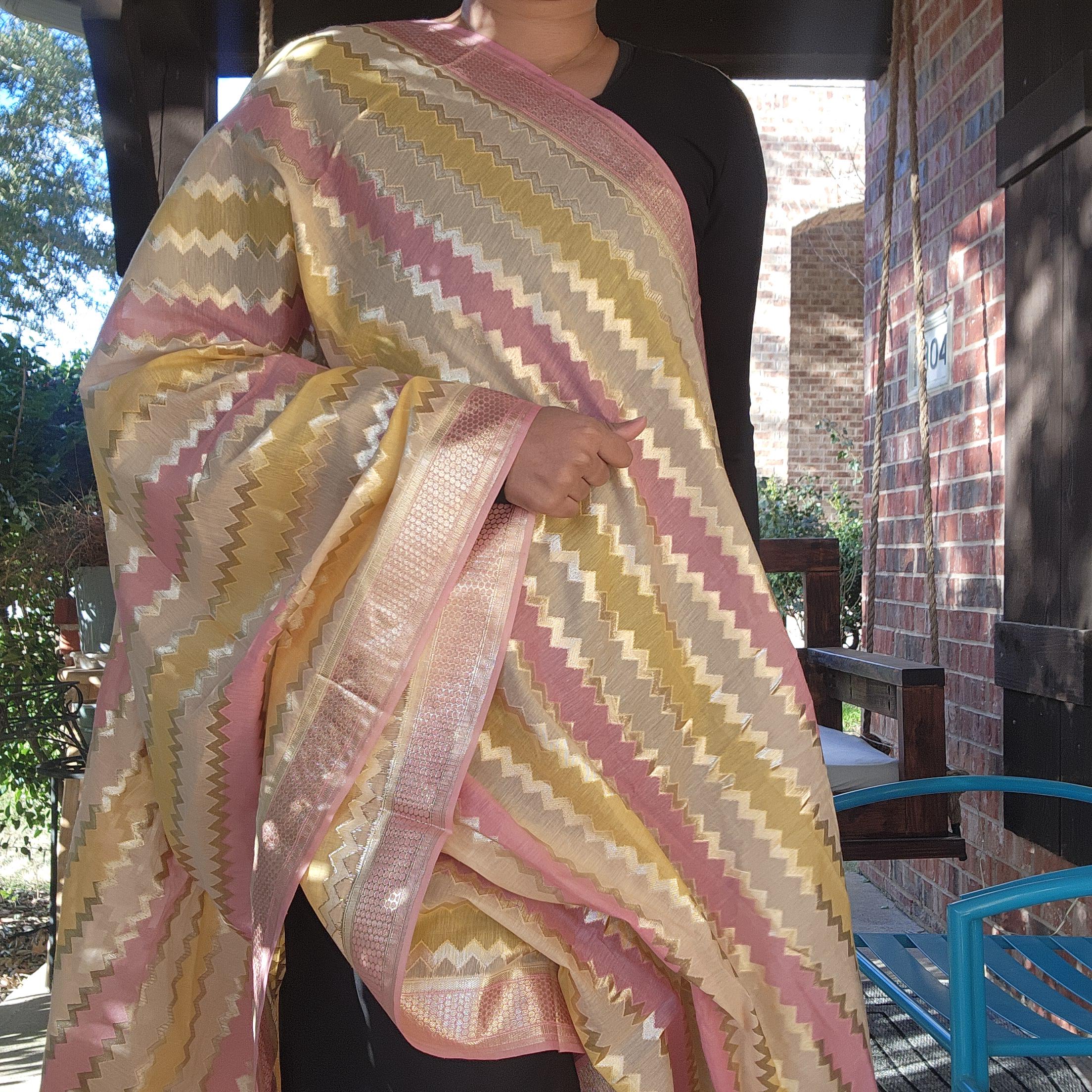 Banarasi Linen Silk Pink dupatta, Handpainted Multicolor meenakari work