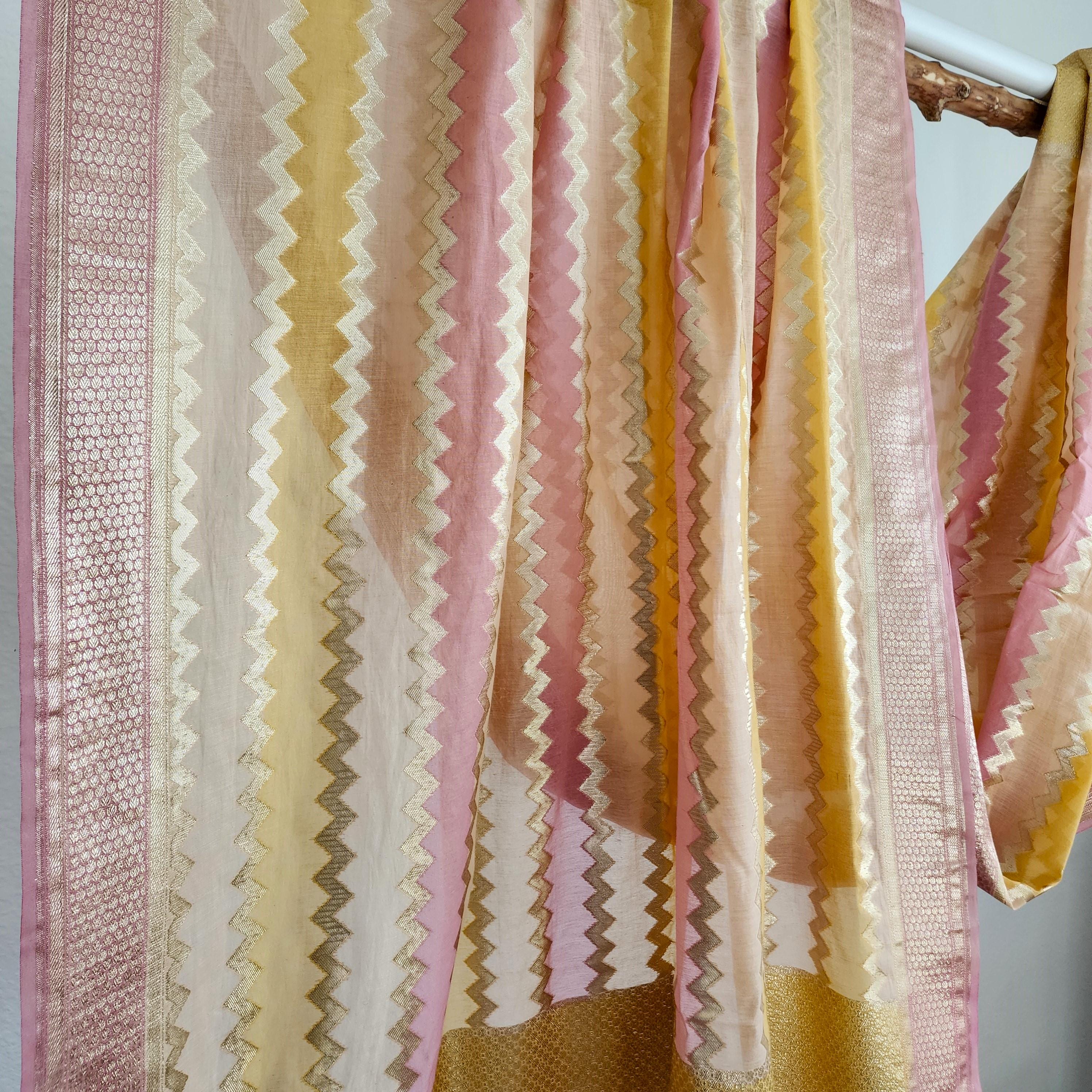 Banarasi Linen Silk Pink dupatta, Handpainted Multicolor meenakari work