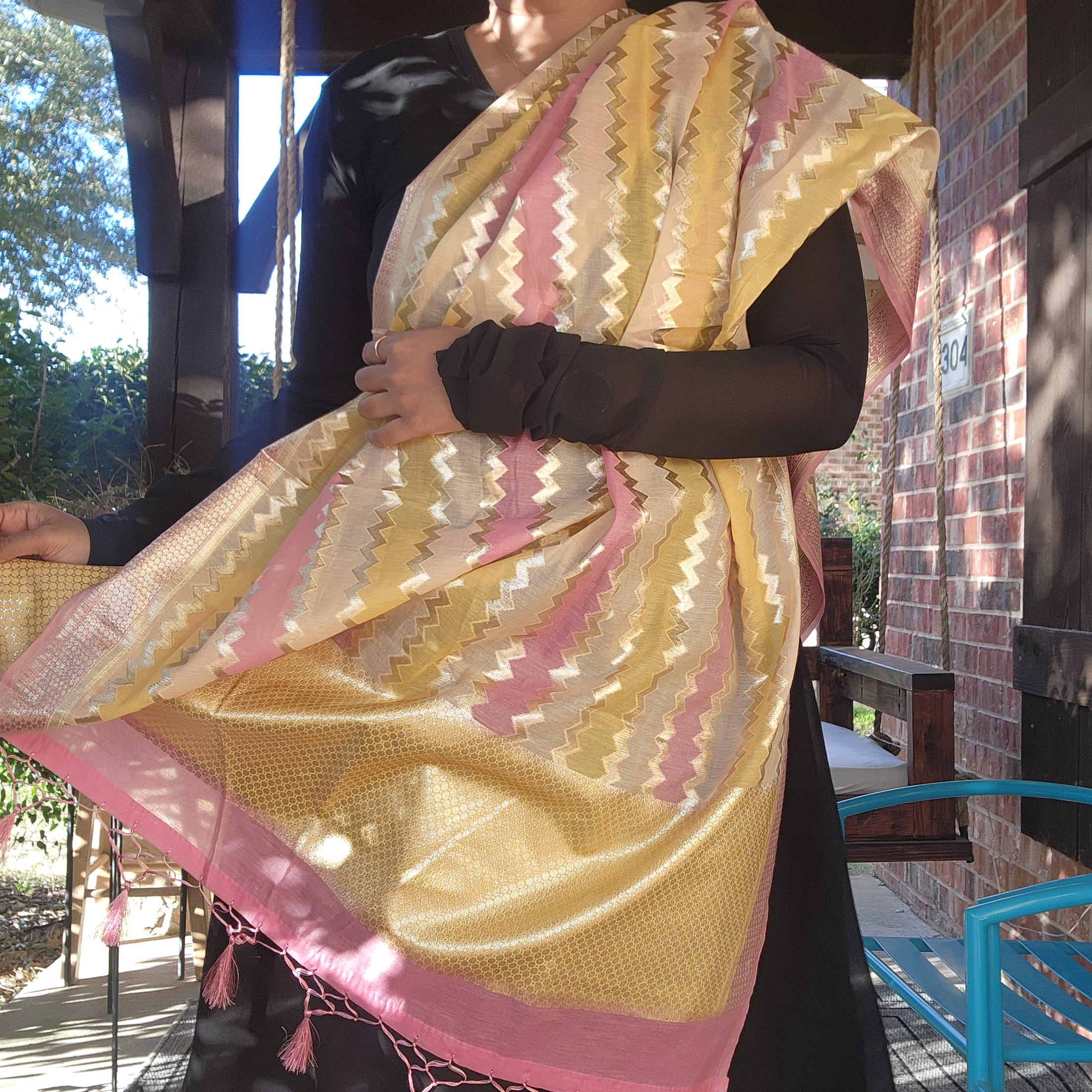 Banarasi Linen Silk Pink dupatta, Handpainted Multicolor meenakari work