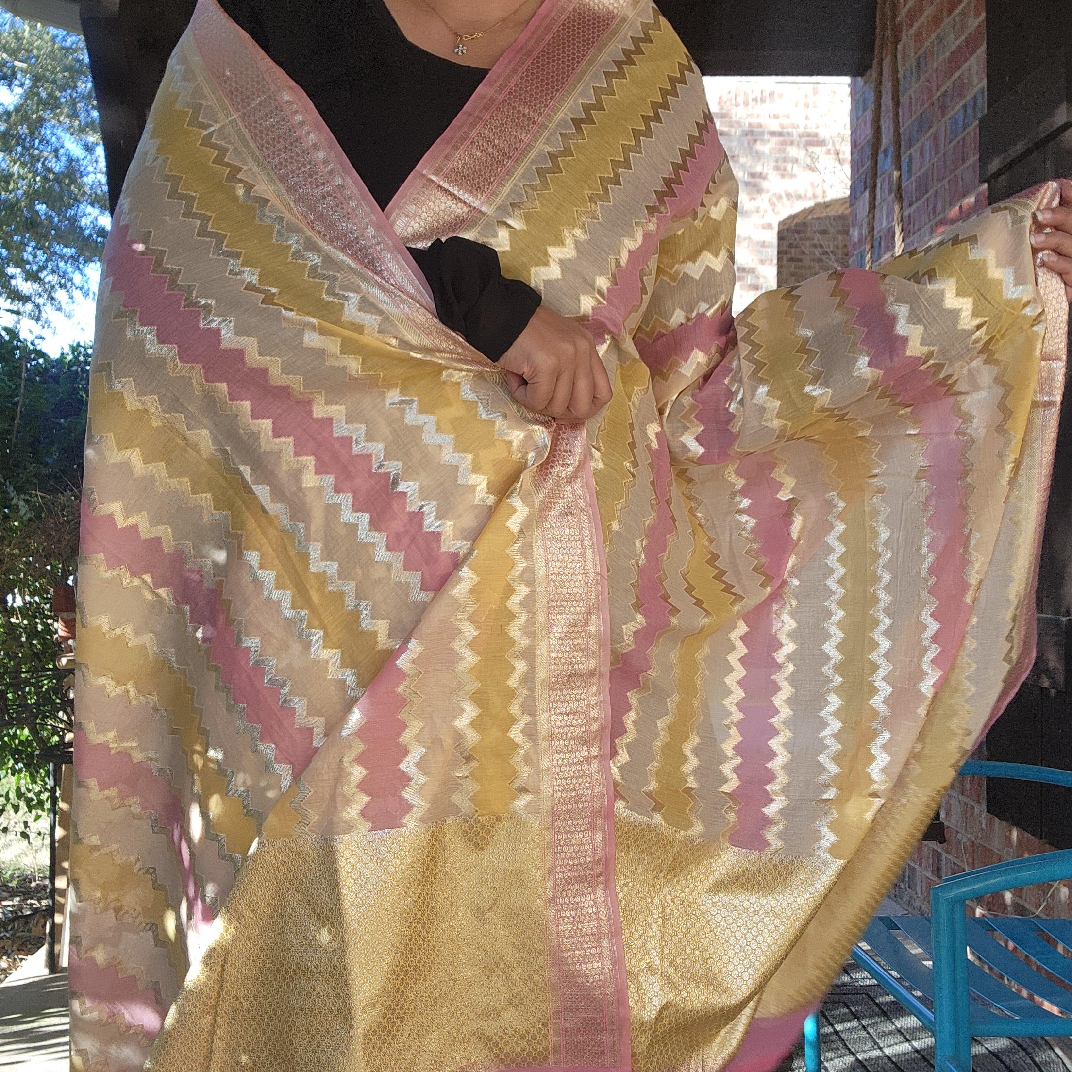 Banarasi Linen Silk Pink dupatta, Handpainted Multicolor meenakari work