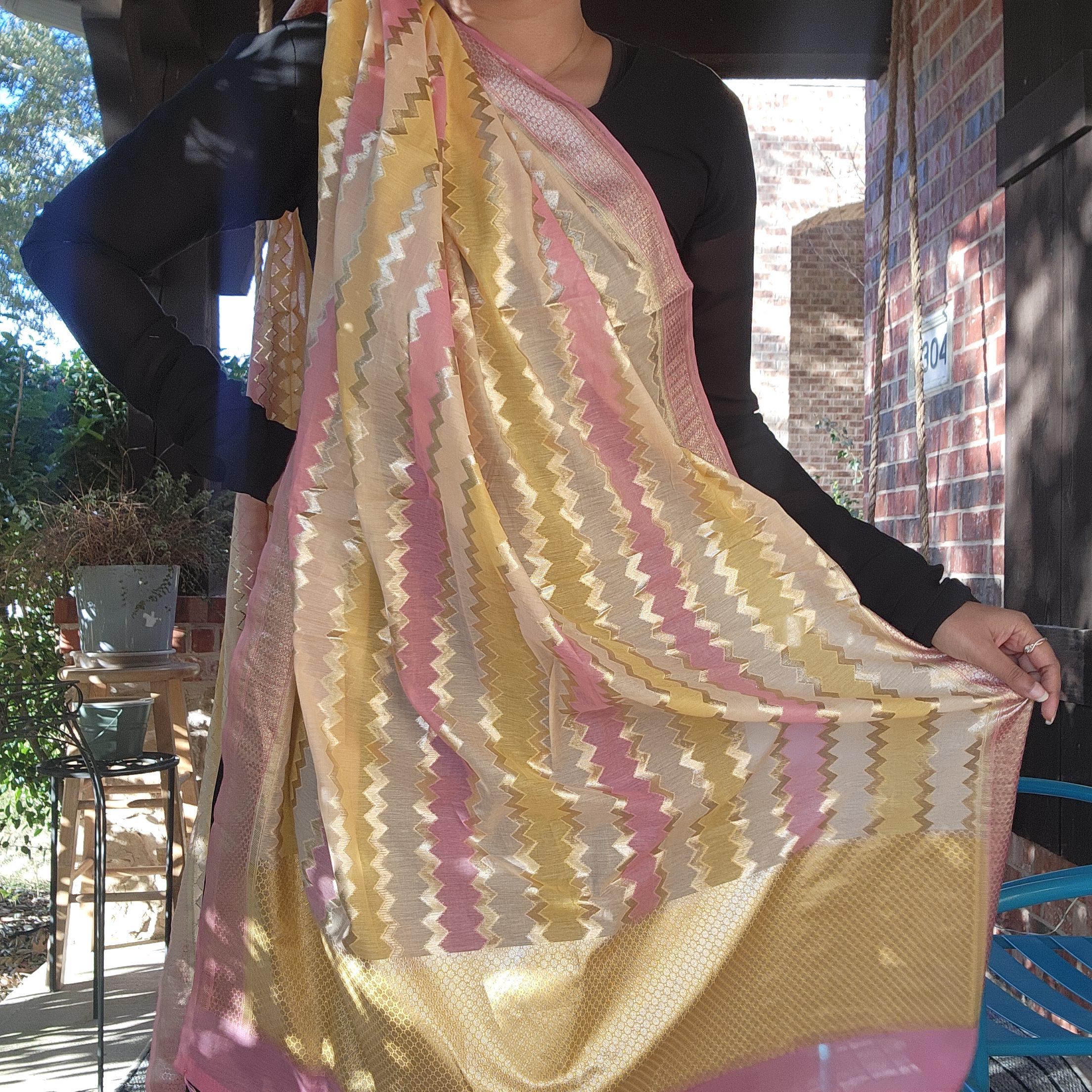 Banarasi Linen Silk Pink dupatta, Handpainted Multicolor meenakari work