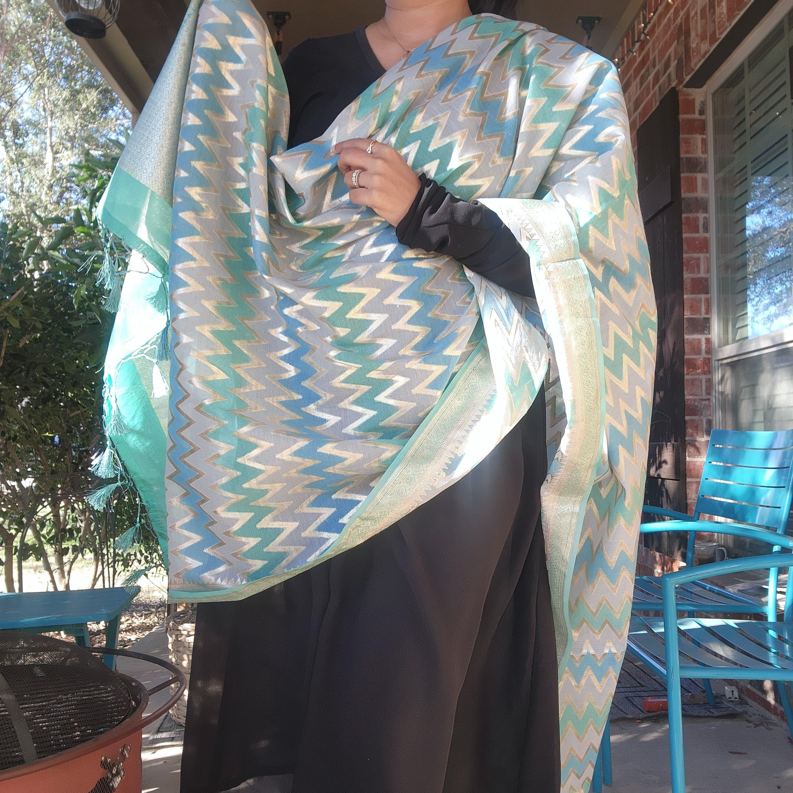 Banarasi Linen Silk Sky Blue with Gray dupatta, Handpainted Multicolor meenakari work