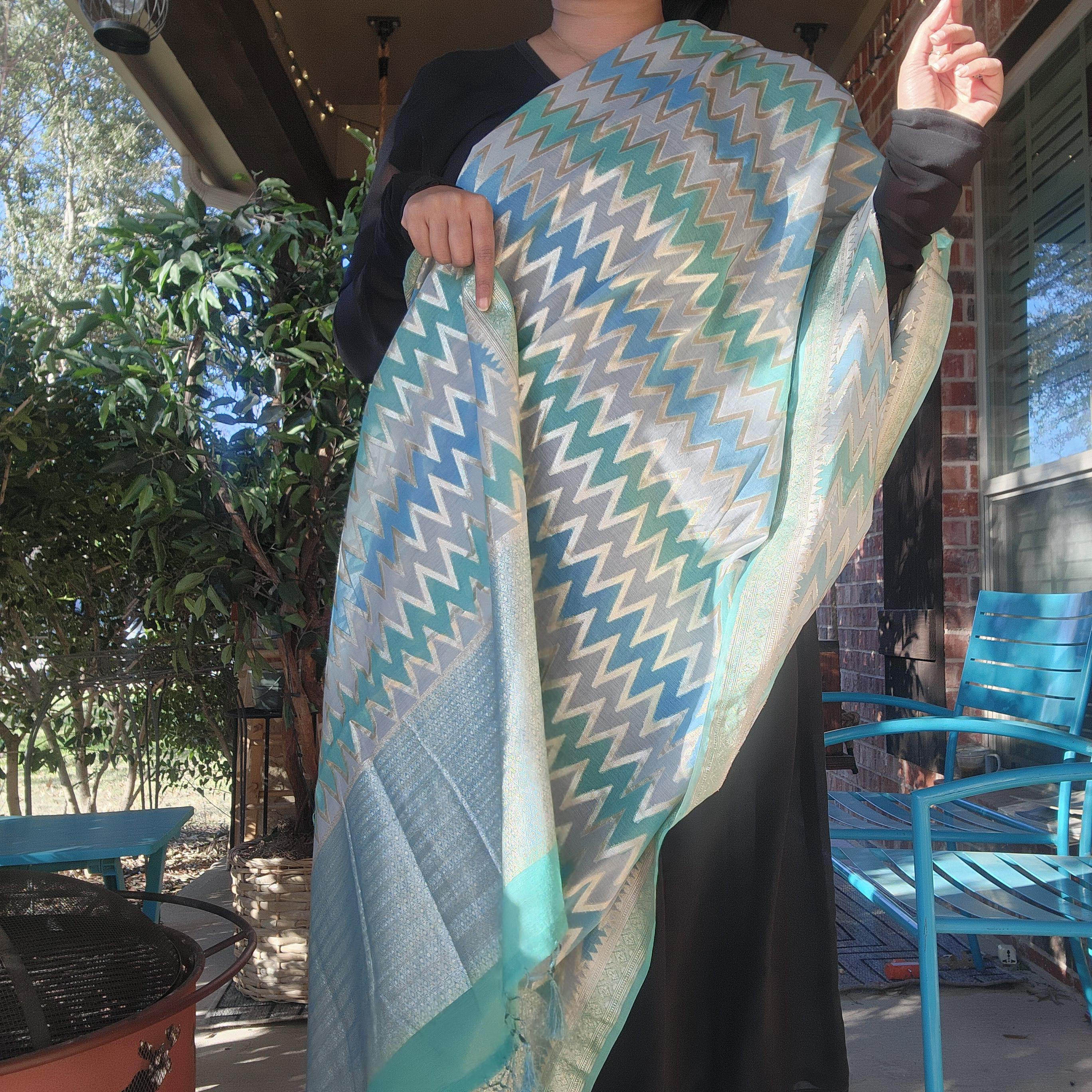 Banarasi Linen Silk Sky Blue with Gray dupatta, Handpainted Multicolor meenakari work