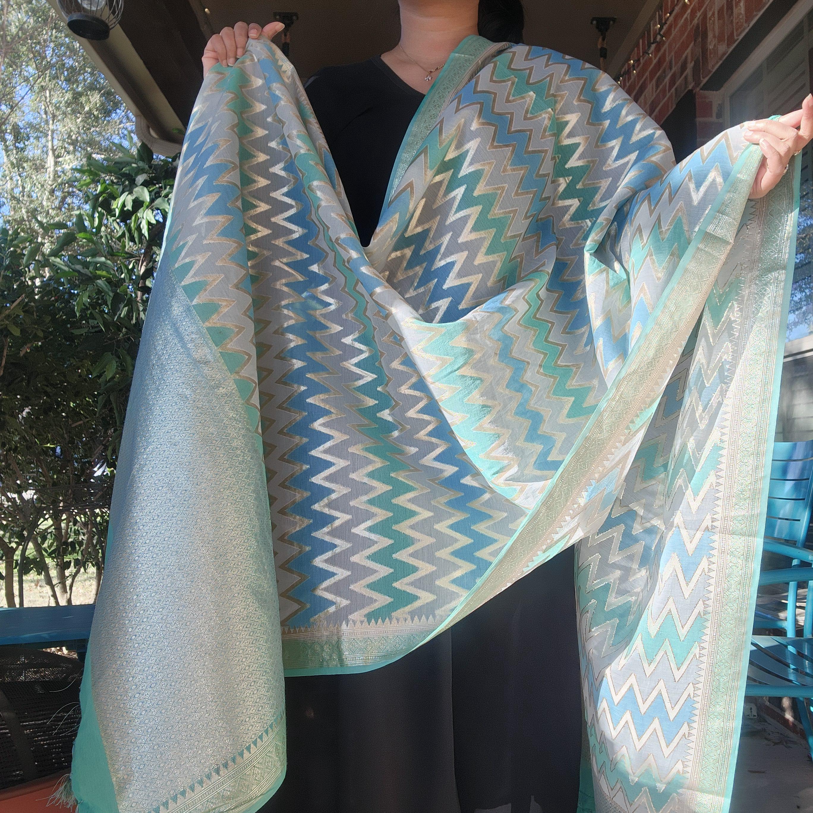Banarasi Linen Silk Sky Blue with Gray dupatta, Handpainted Multicolor meenakari work