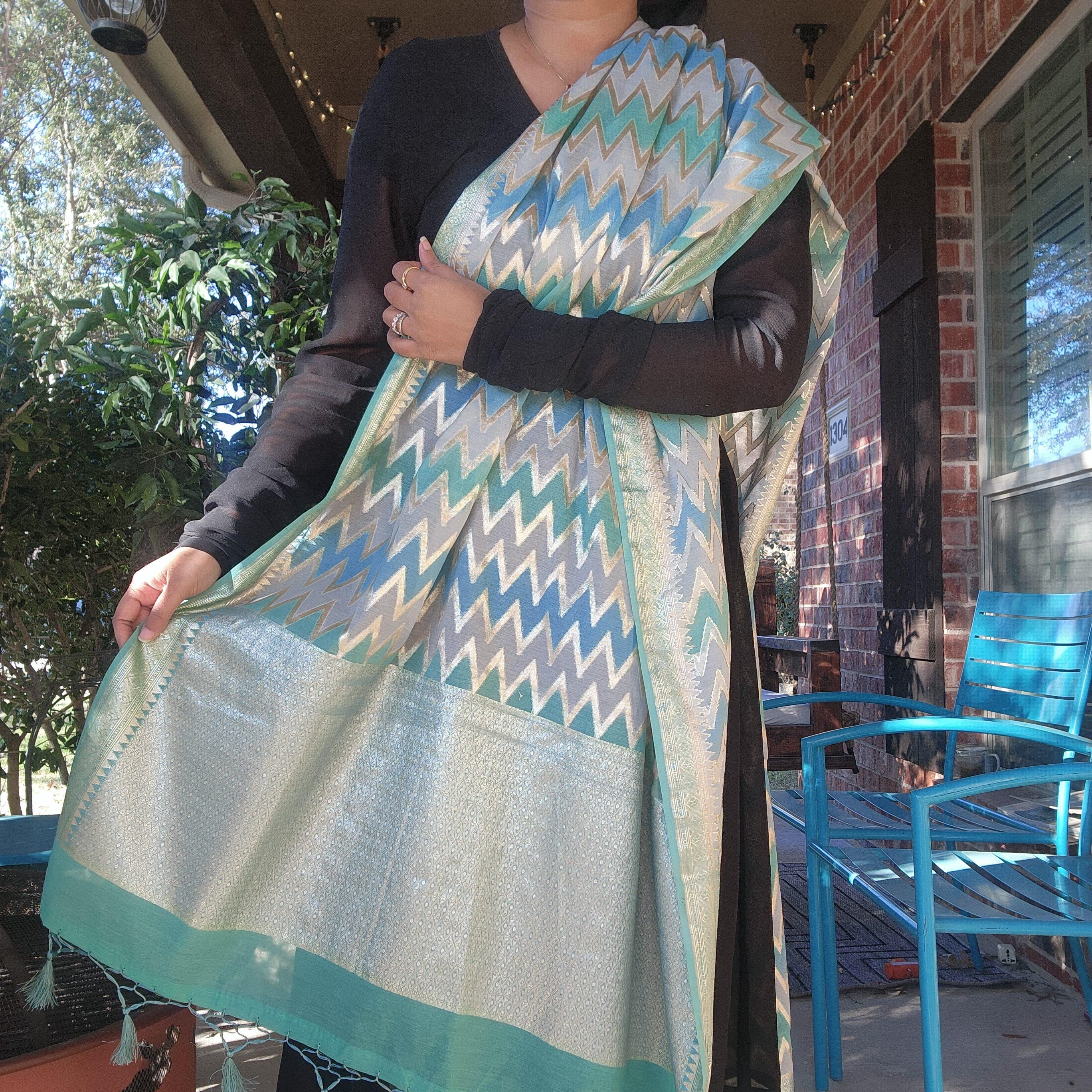 Banarasi Linen Silk Sky Blue with Gray dupatta, Handpainted Multicolor meenakari work