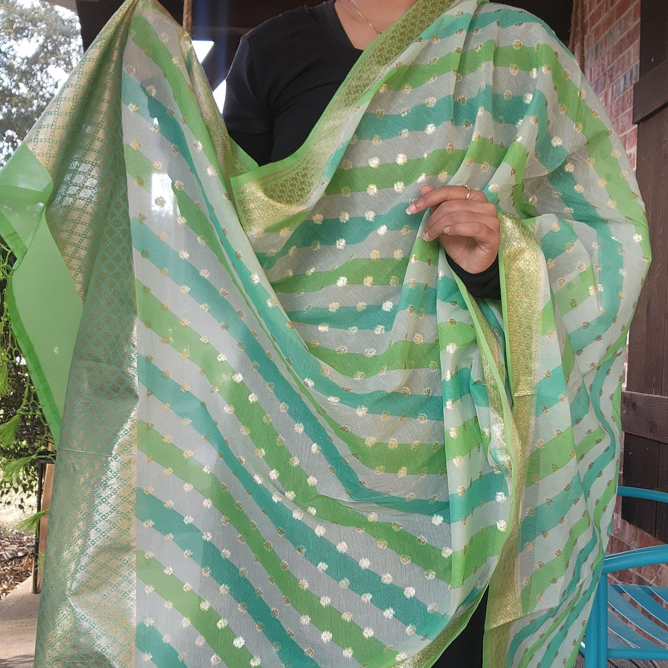 Banarasi Linen Silk Green with Sky Blue dupatta, Handpainted Multicolor meenakari work