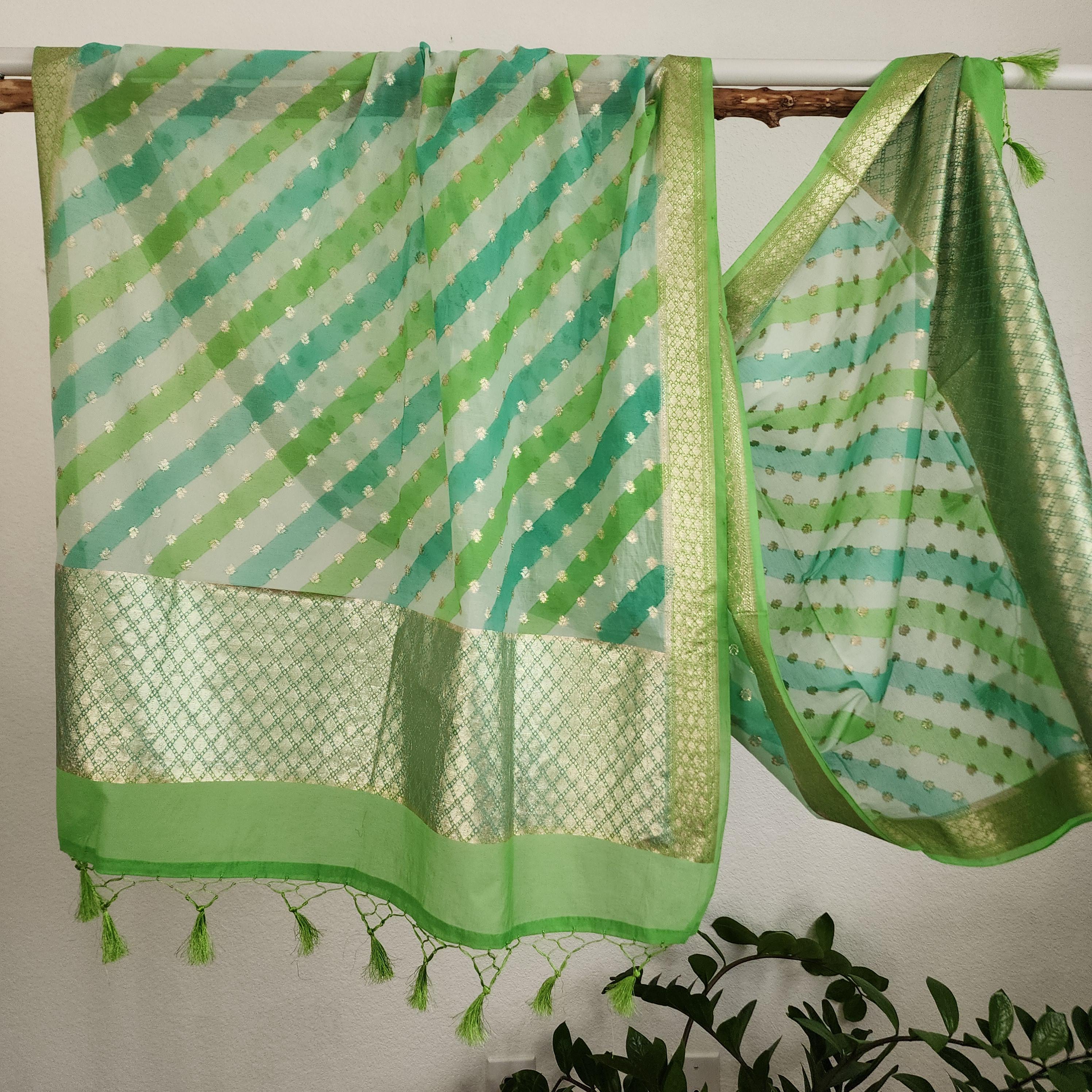 Banarasi Linen Silk Green with Sky Blue dupatta, Handpainted Multicolor meenakari work