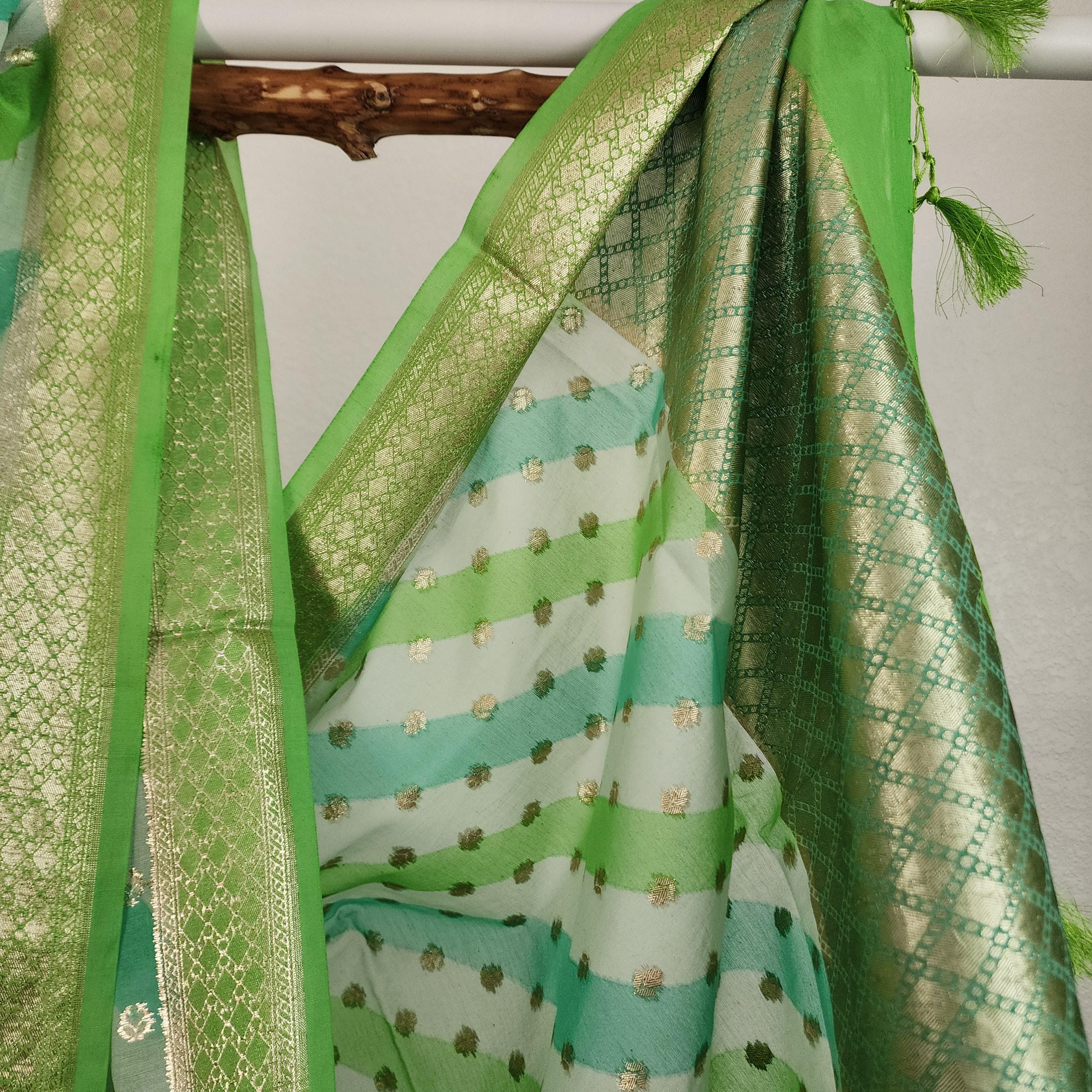 Banarasi Linen Silk Green with Sky Blue dupatta, Handpainted Multicolor meenakari work