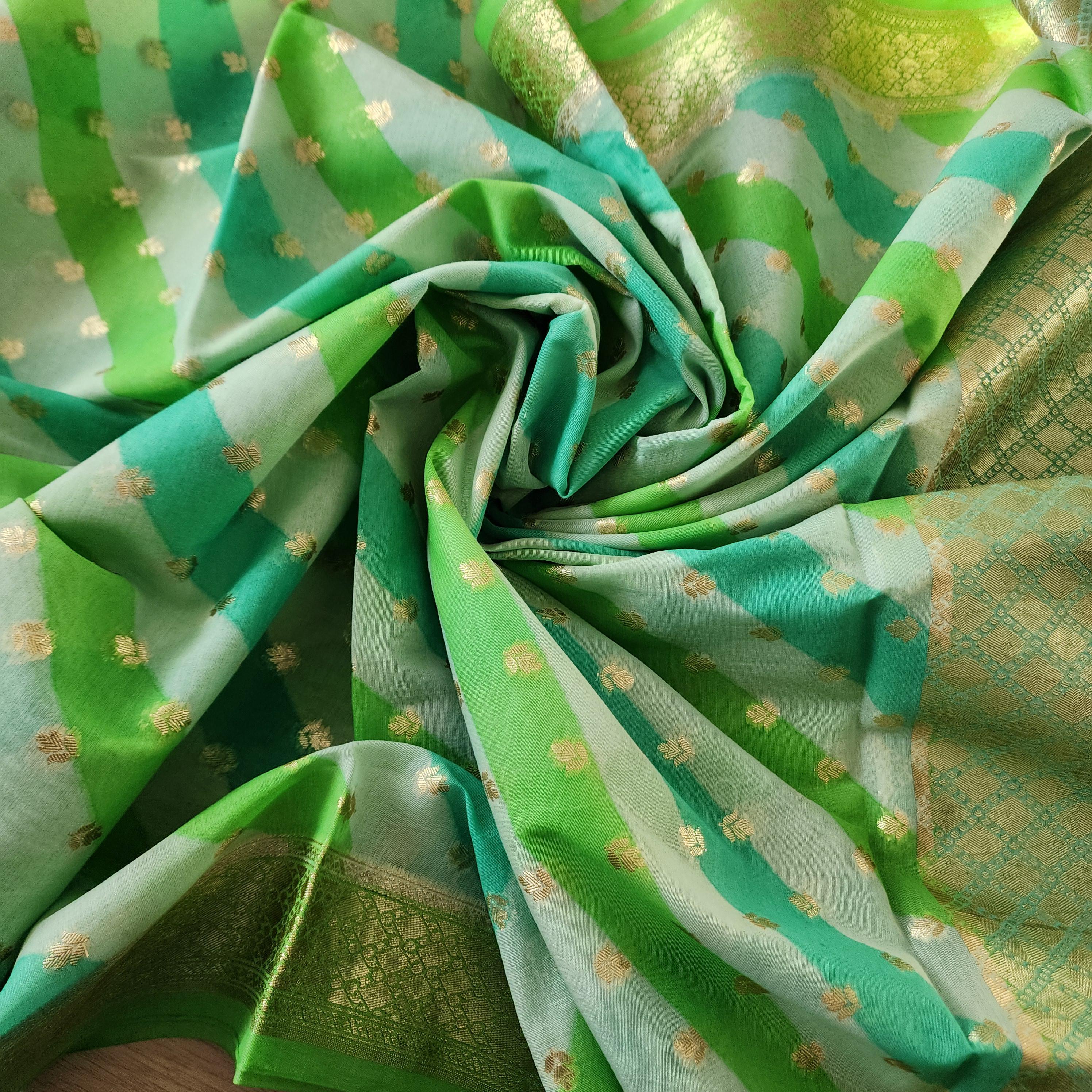 Banarasi Linen Silk Green with Sky Blue dupatta, Handpainted Multicolor meenakari work