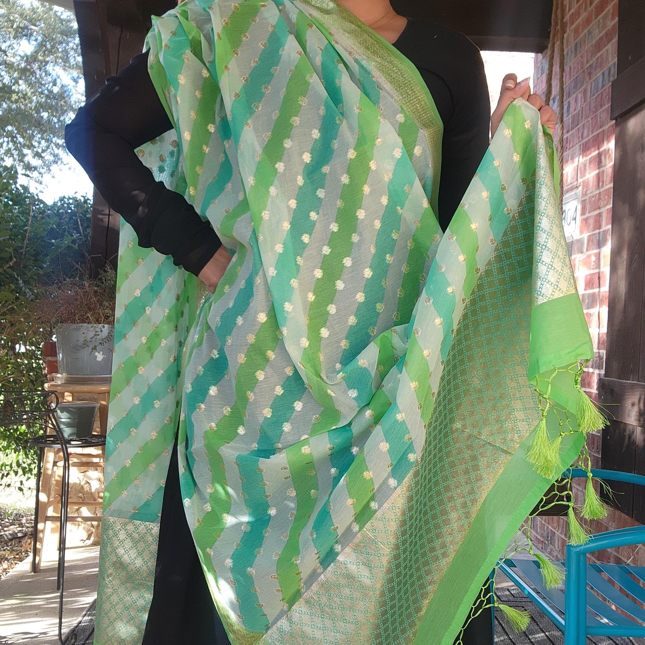 Banarasi Linen Silk Green with Sky Blue dupatta, Handpainted Multicolor meenakari work