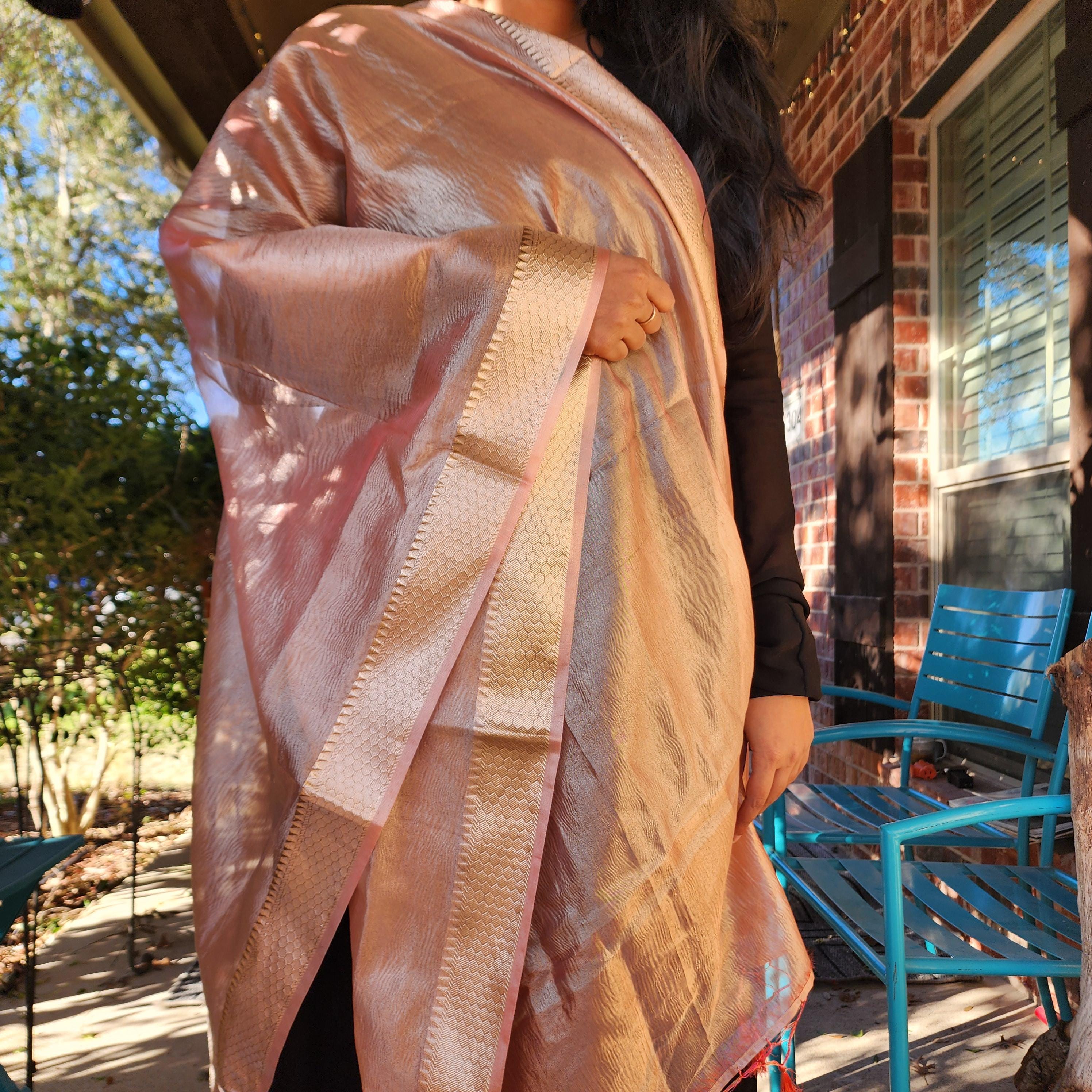 Tissue Silk Champagne Pink Dupatta, Crushed Tissue Indian traditional & Festive wear Dupatta