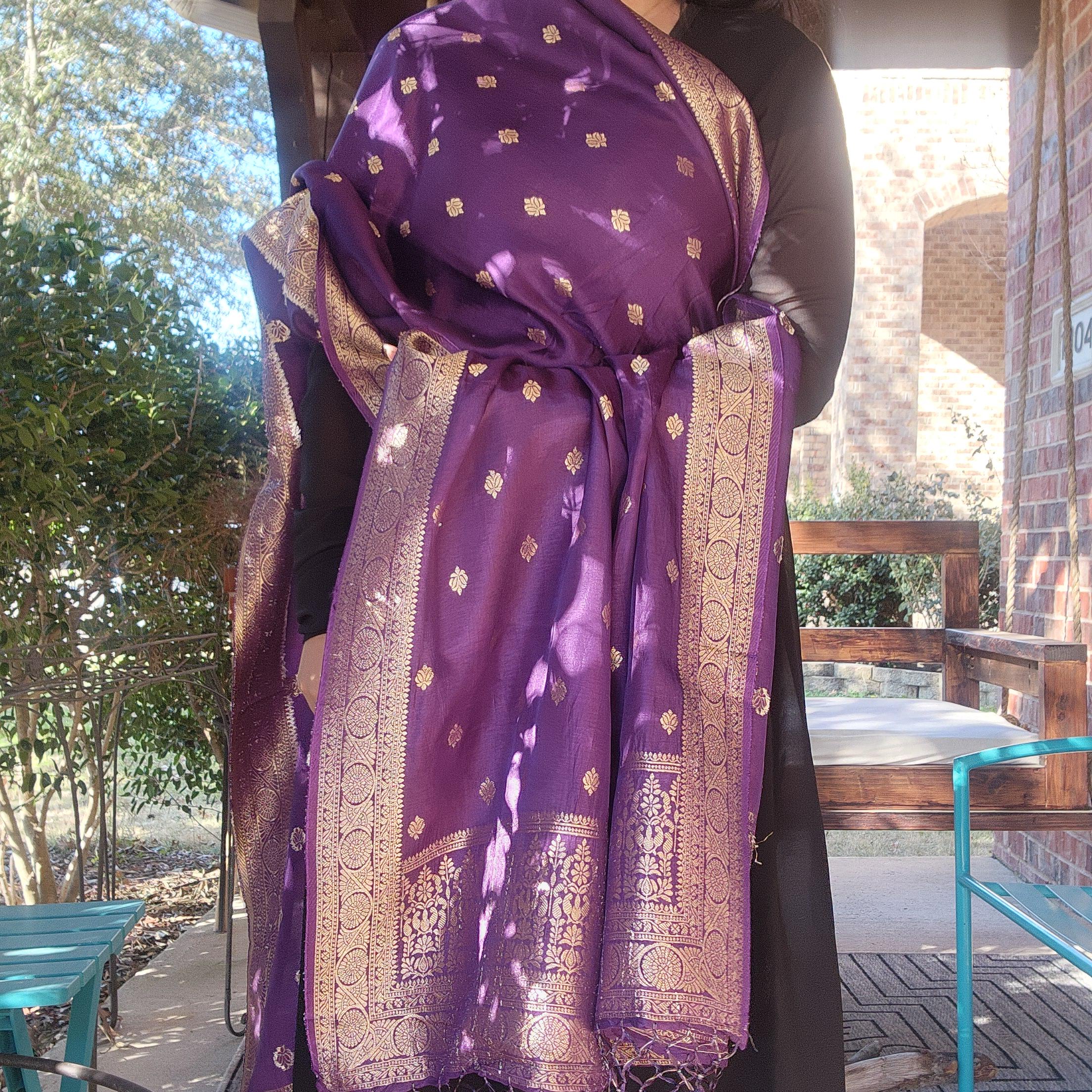 Banarasi Eggplant Dola Silk with Golden Zari border & Floral motifs