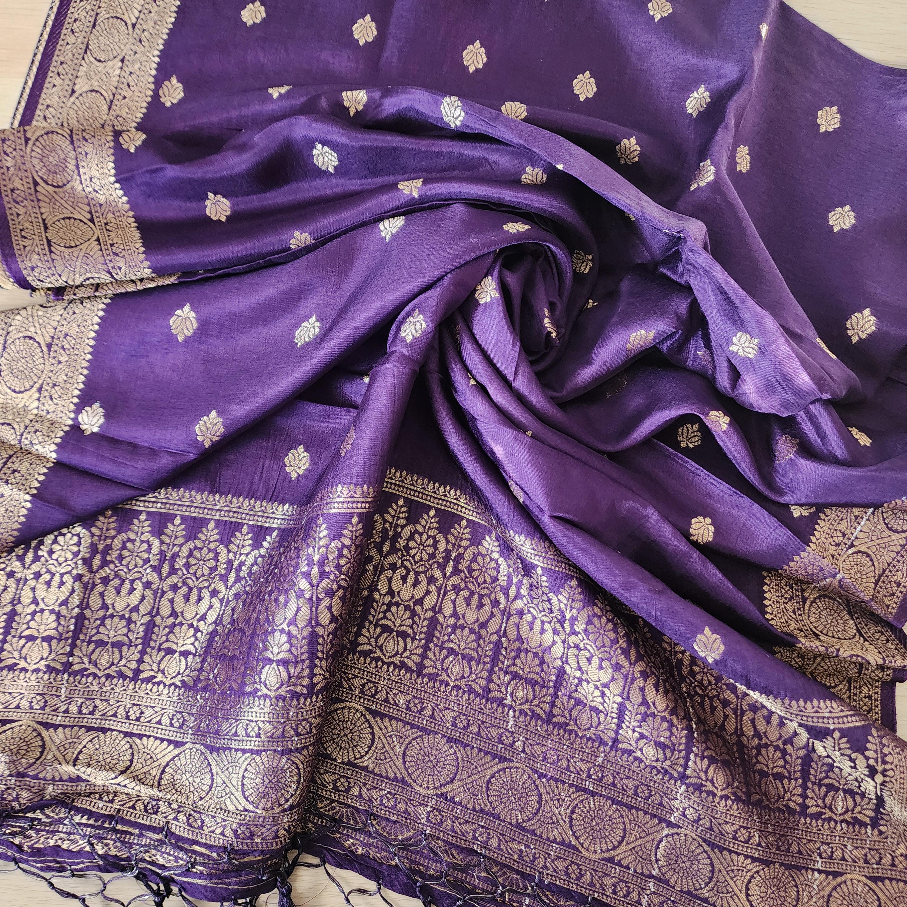 Banarasi Eggplant Dola Silk with Golden Zari border & Floral motifs