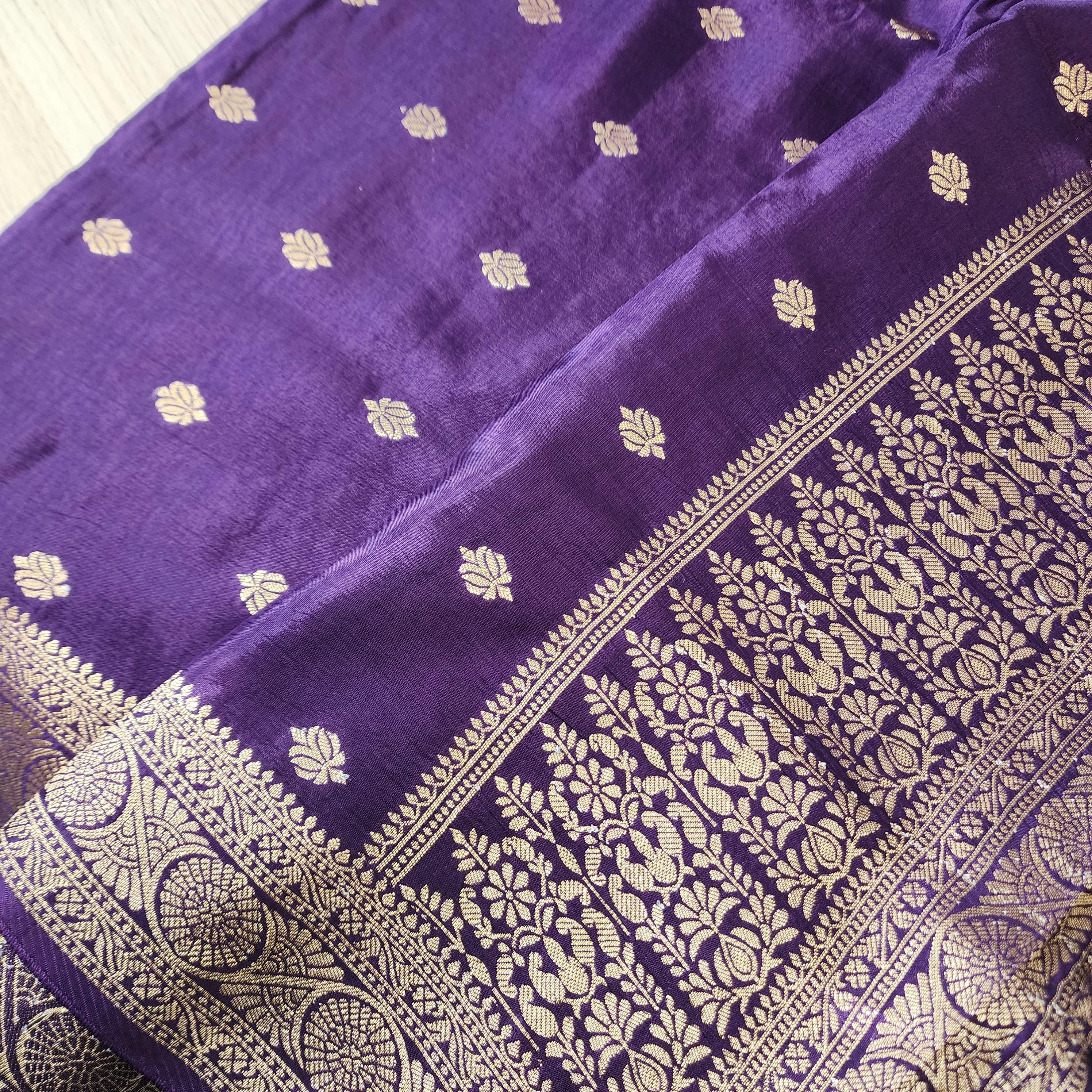 Banarasi Eggplant Dola Silk with Golden Zari border & Floral motifs