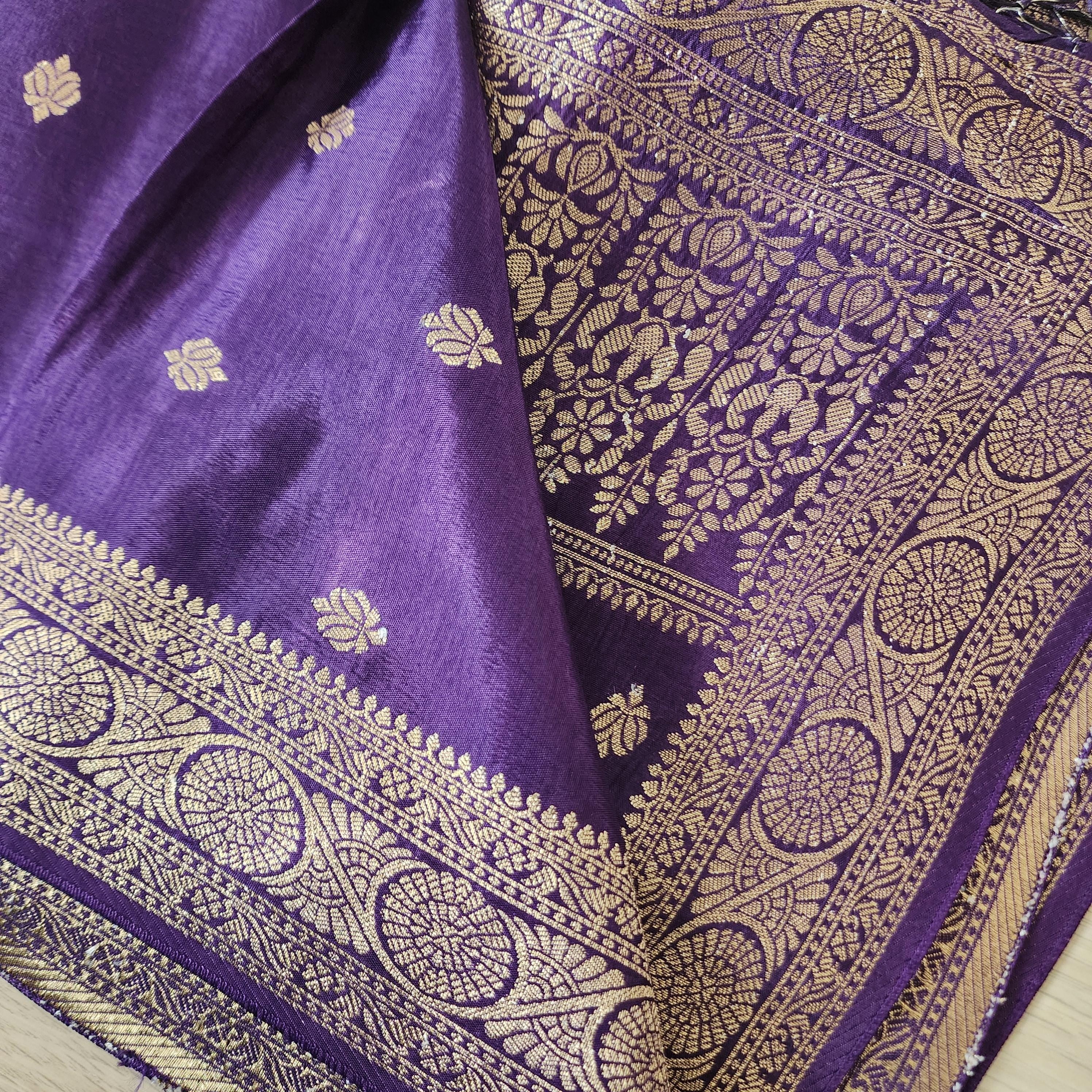 Banarasi Eggplant Dola Silk with Golden Zari border & Floral motifs