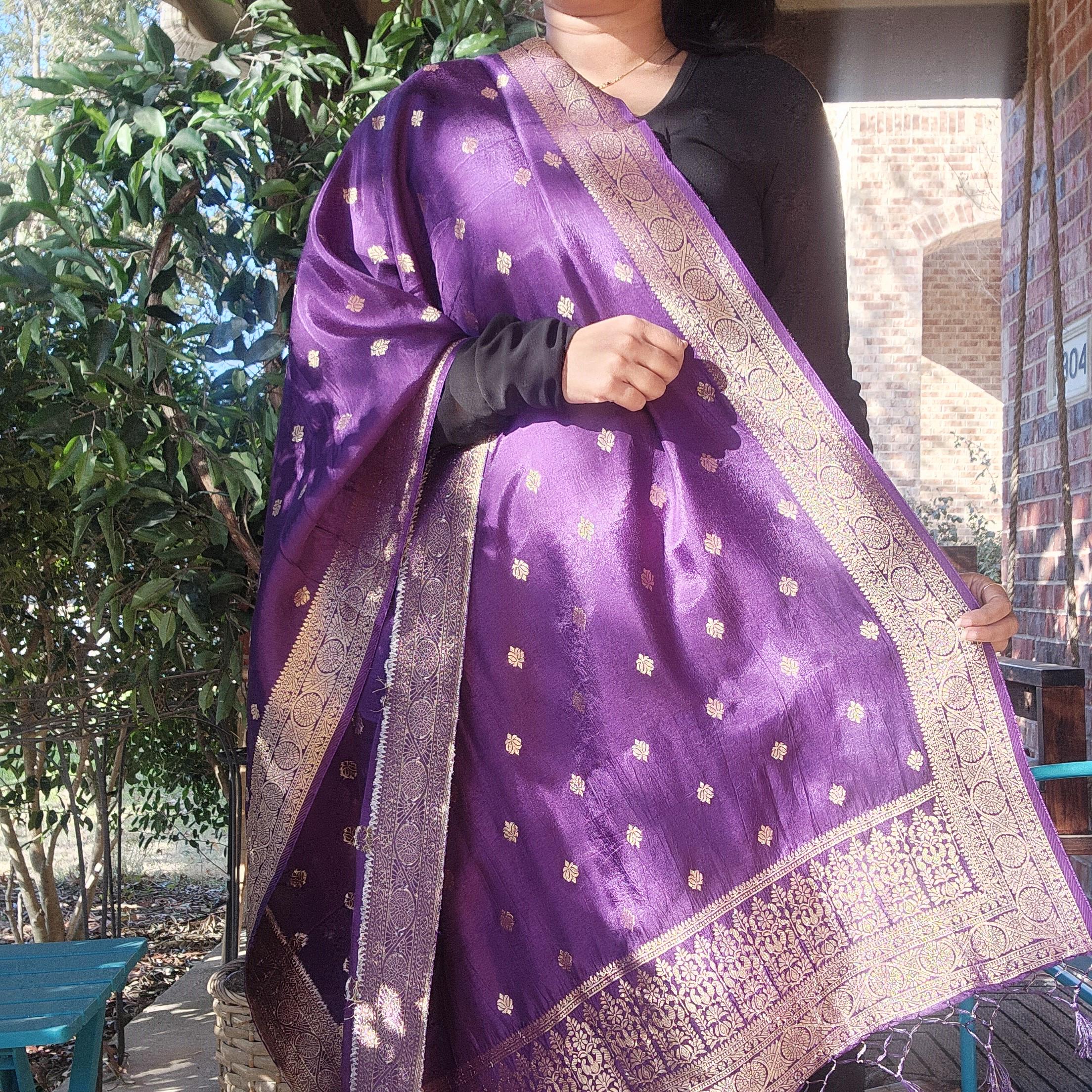 Banarasi Eggplant Dola Silk with Golden Zari border & Floral motifs