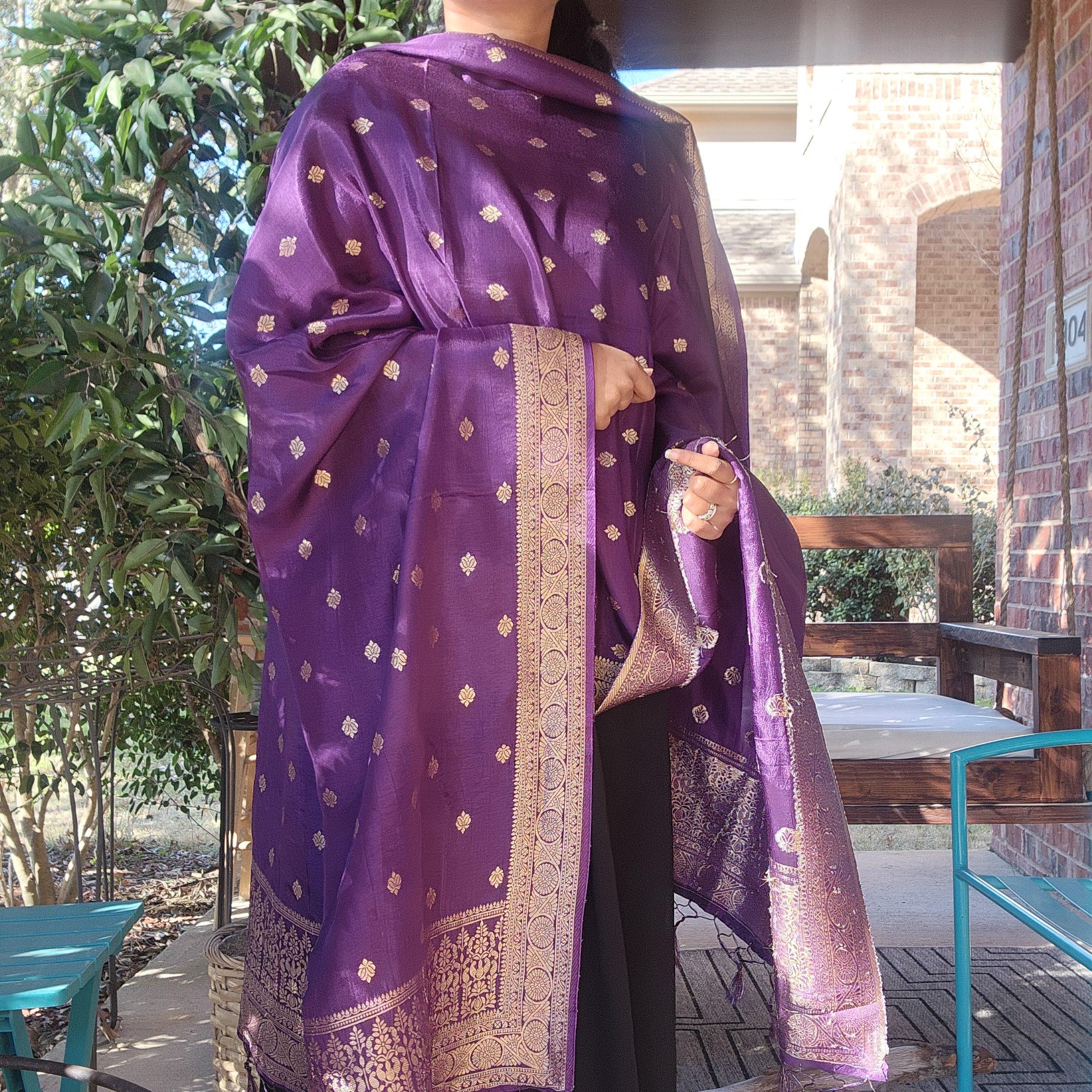 Banarasi Eggplant Dola Silk with Golden Zari border & Floral motifs