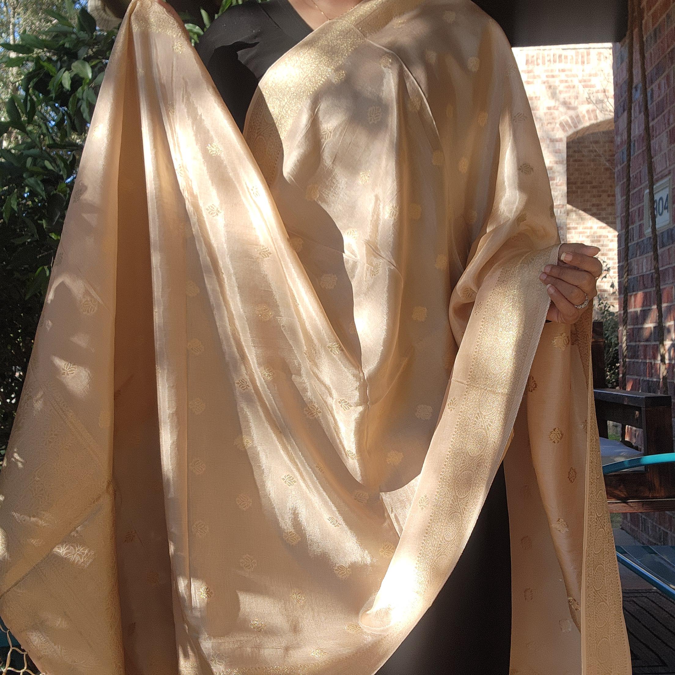 Banarasi Beige Dola Silk with Golden Zari border & Floral motifs