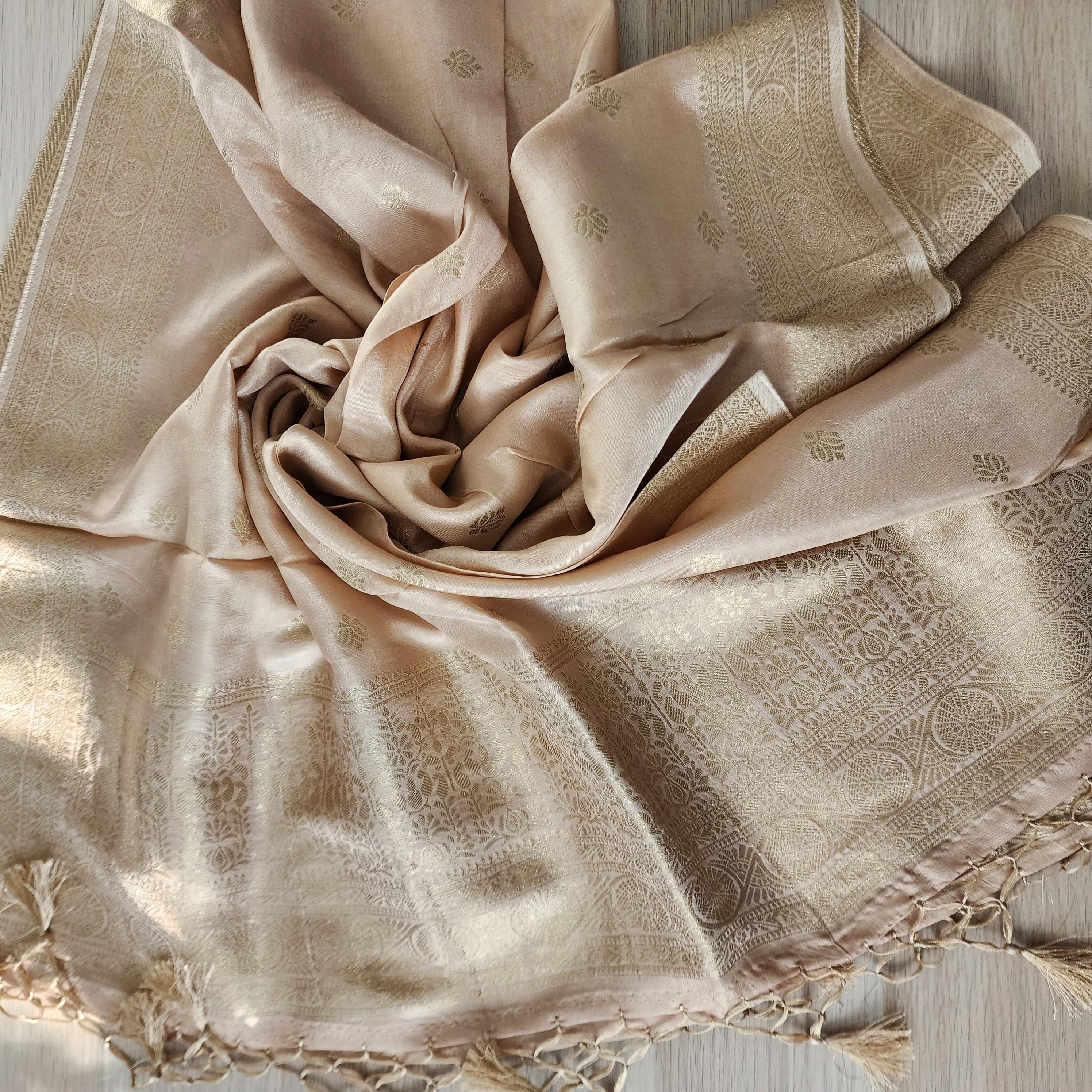 Banarasi Beige Dola Silk with Golden Zari border & Floral motifs