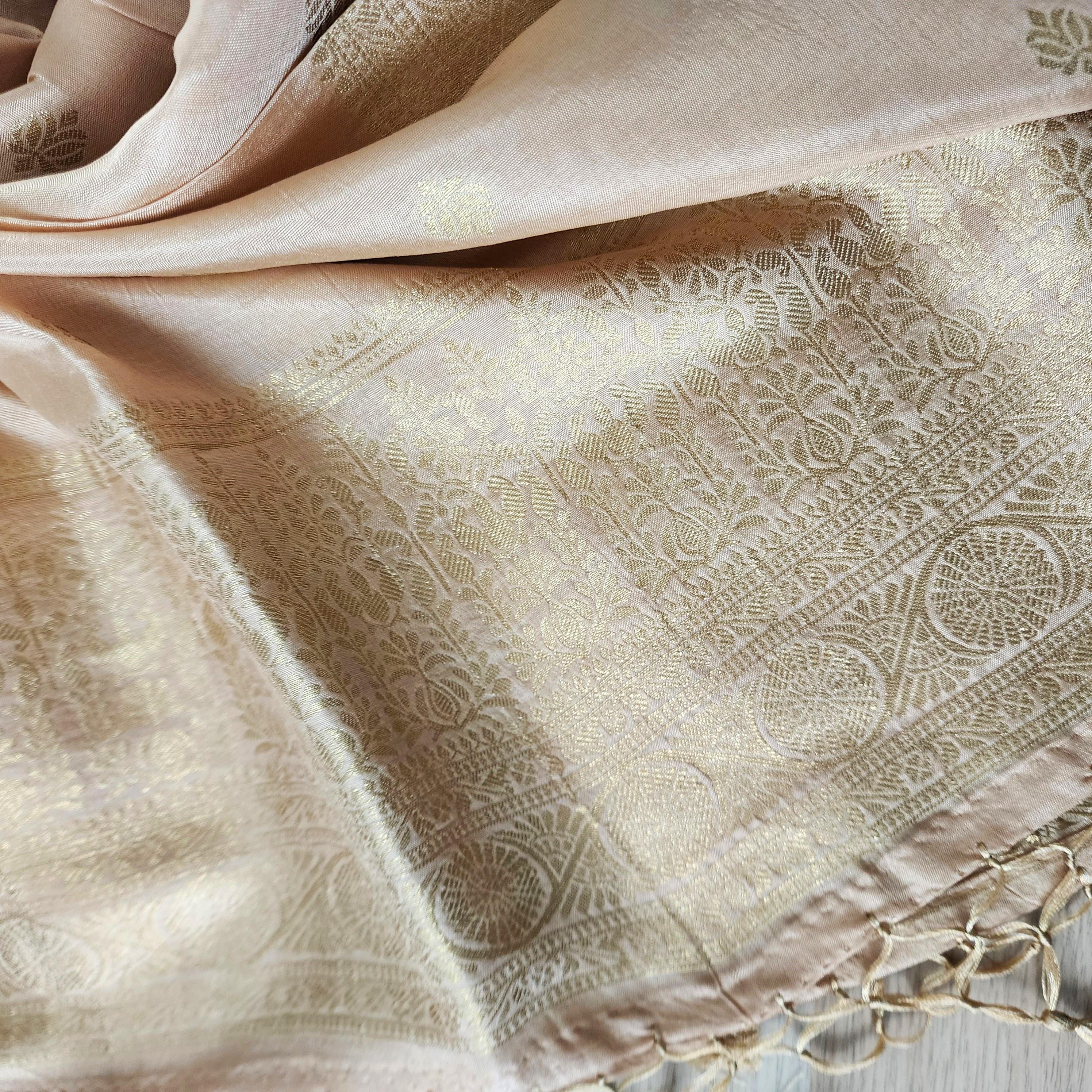 Banarasi Beige Dola Silk with Golden Zari border & Floral motifs