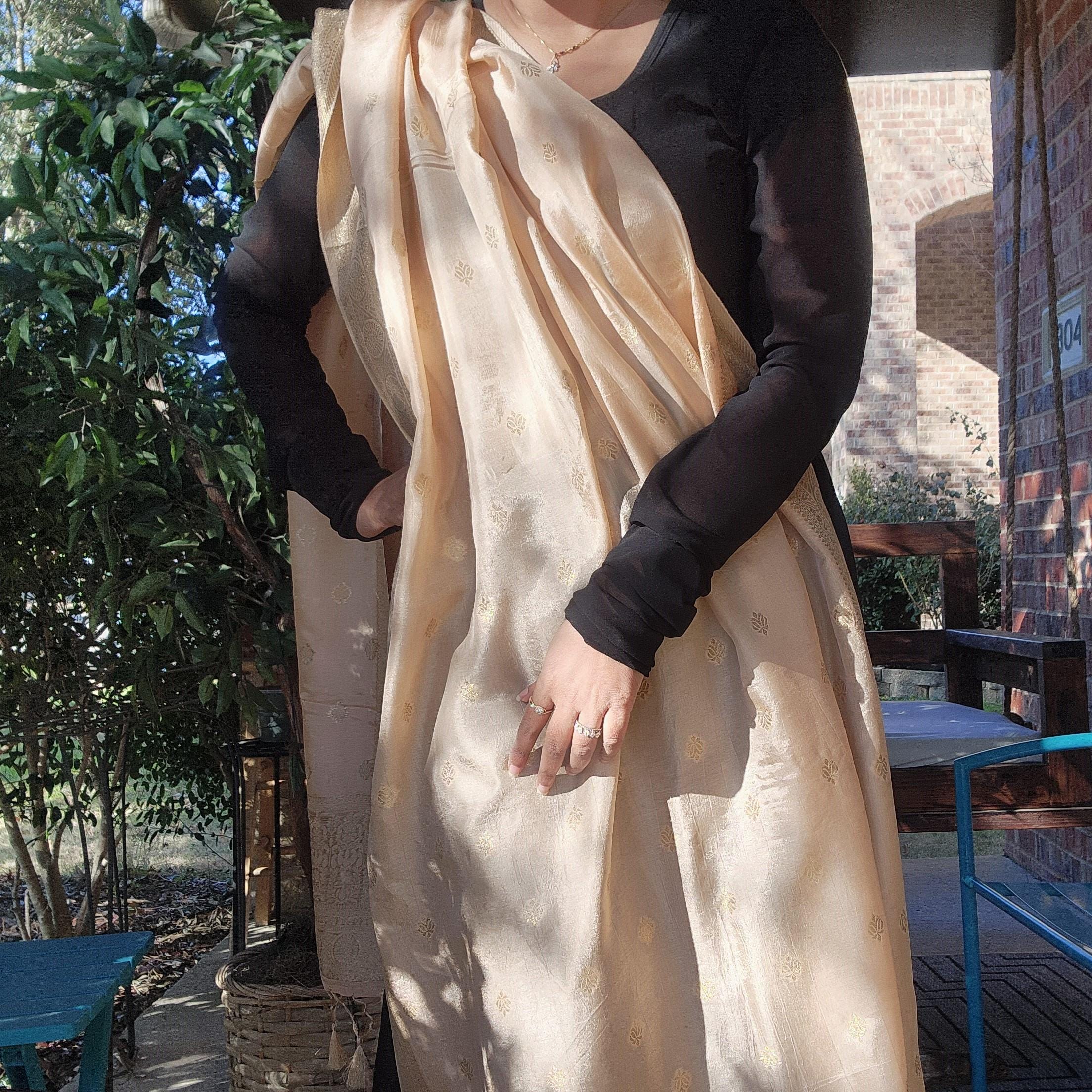 Banarasi Beige Dola Silk with Golden Zari border & Floral motifs